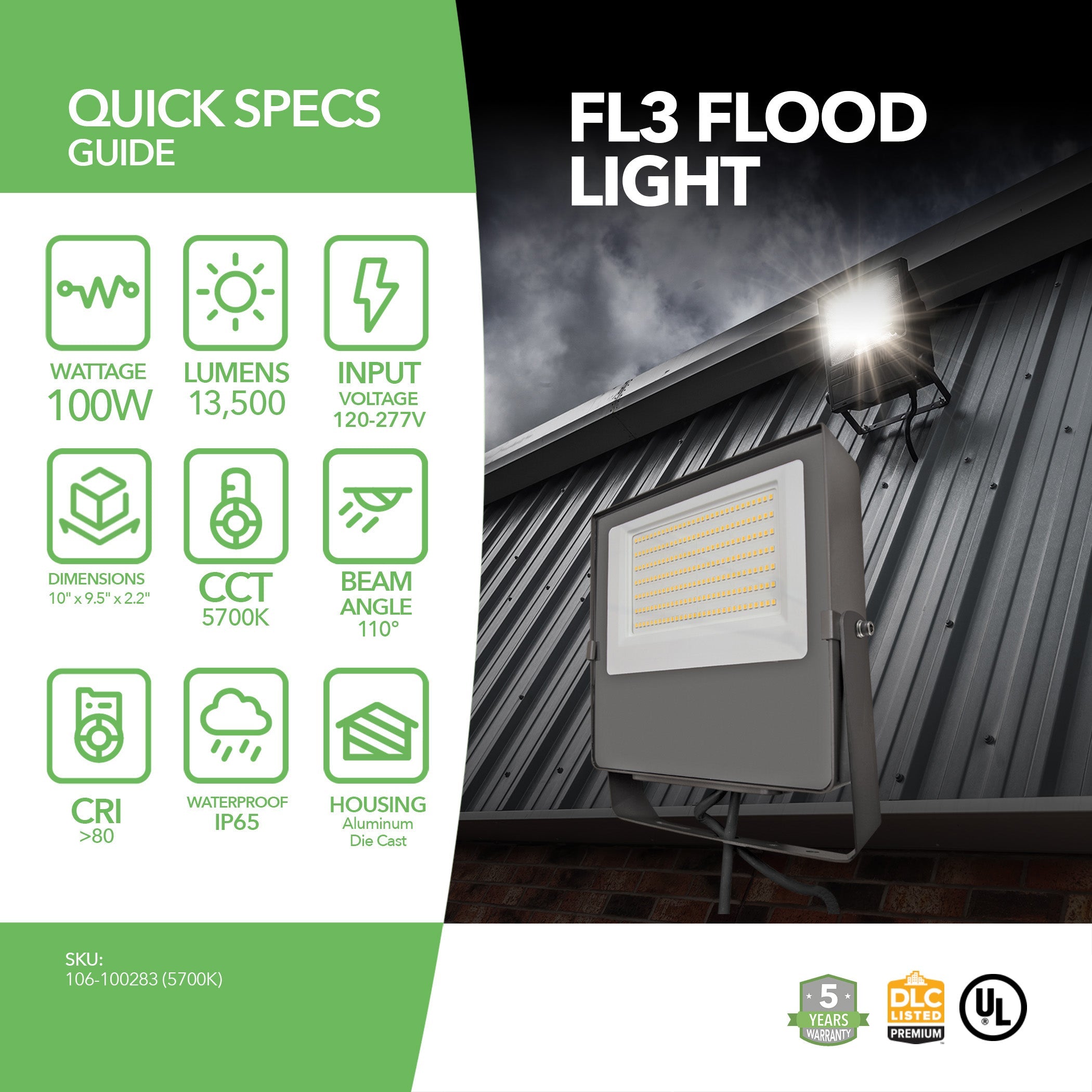 LED Flood Light - FL3 - 100W - 13500lm - Flood Mount - Photocell Included - (UL+DLC)