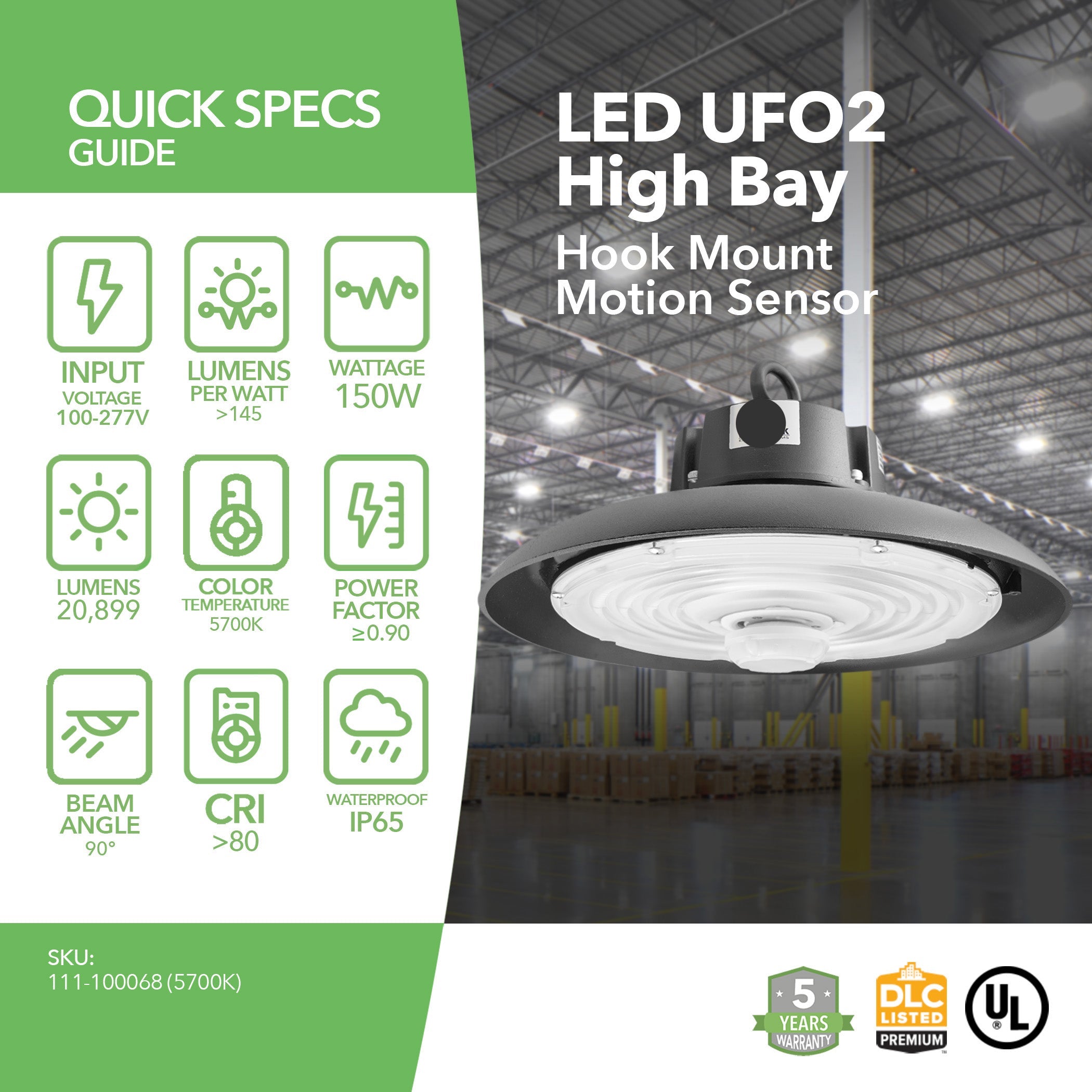 150W LED High Bay Light – 20,899 Lumens, Motion Sensor, IP65 Waterproof, UL & DLC Certified