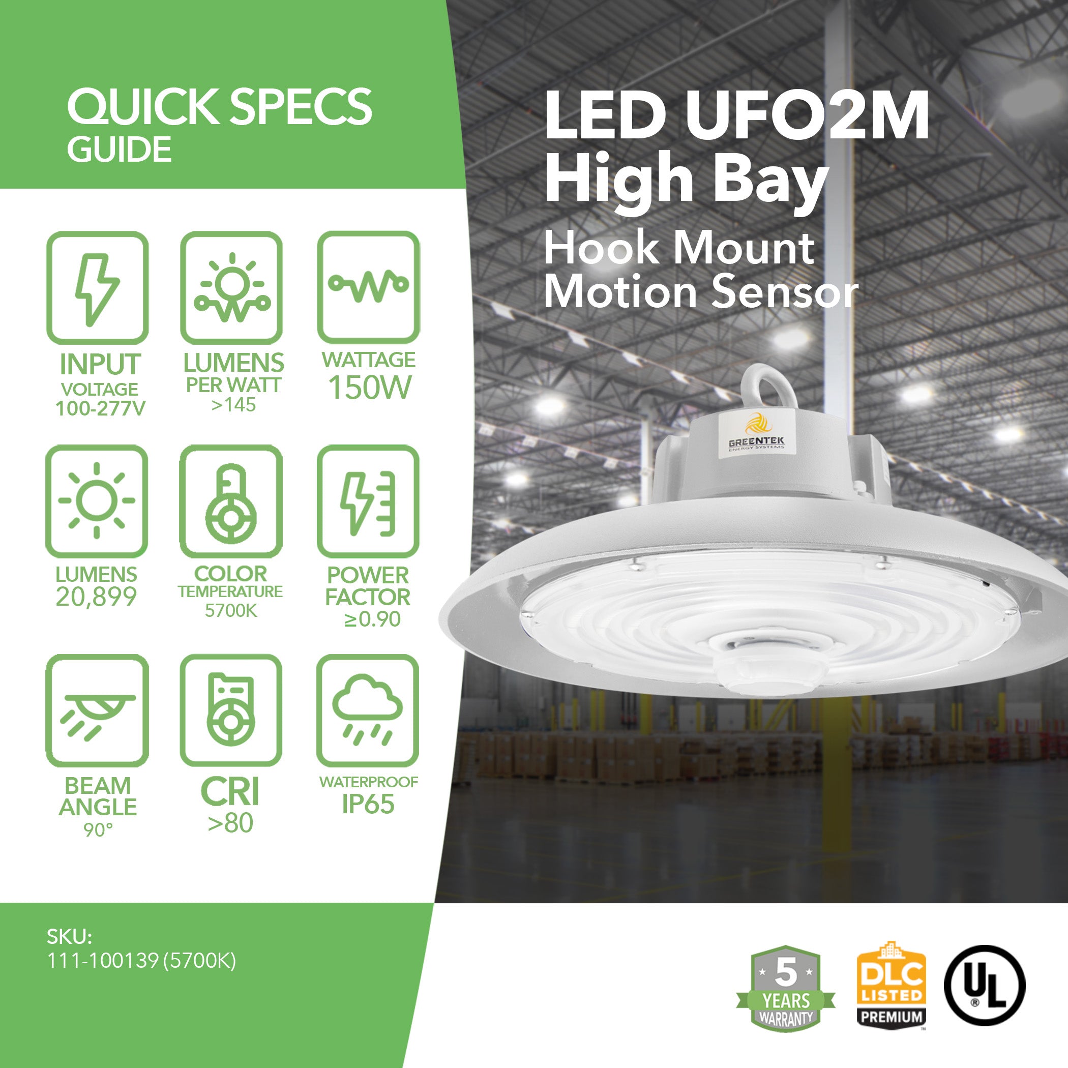 LED High Bay - 150W - 20,899 Lumens - Motion Sensor - UFO2 - Hook Mount - UL & DLC 5.1