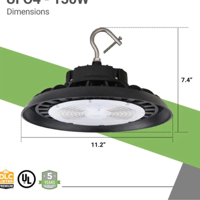 150W UFO LED High Bay Light – 21,200 Lumens, Hook Mount, Black | UL & DLC 5.1 Certified