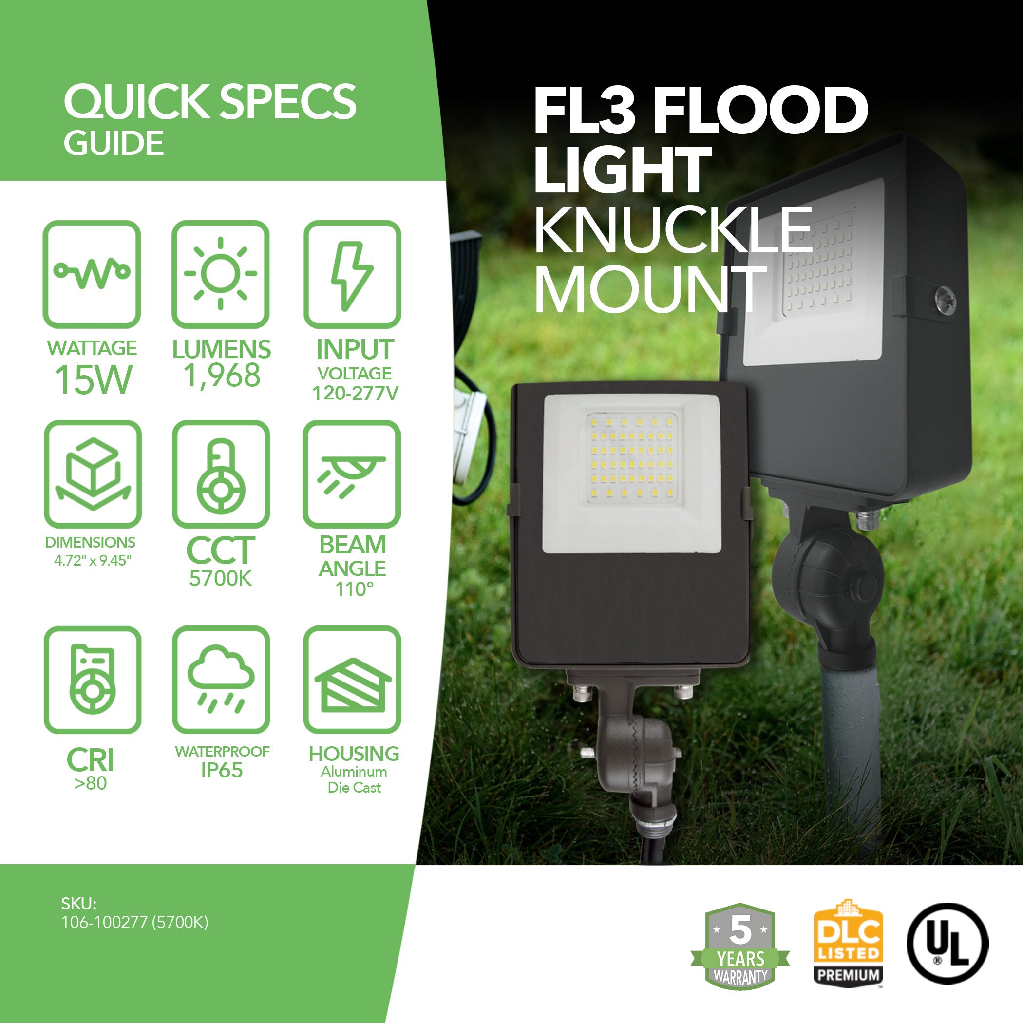 LED Flood Light - FL3 - 15W - 1968lm - Knuckle Mount - Landscape - (UL+DLC)