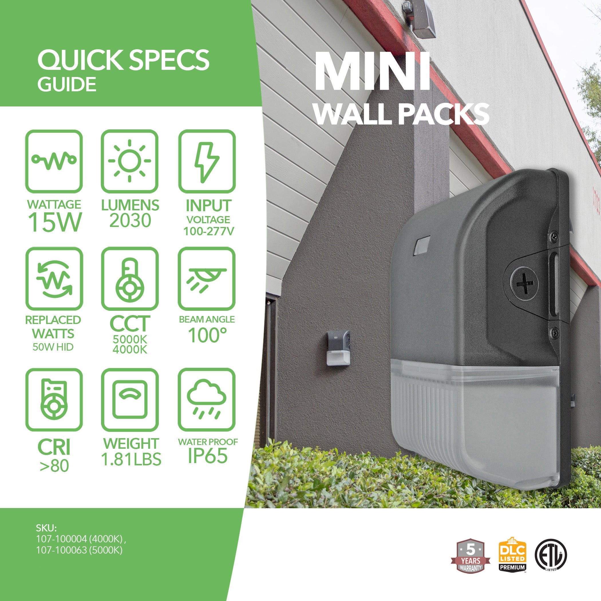 15W LED Mini Wall Pack Light - Small - With Photocell - (ETL + DLC)