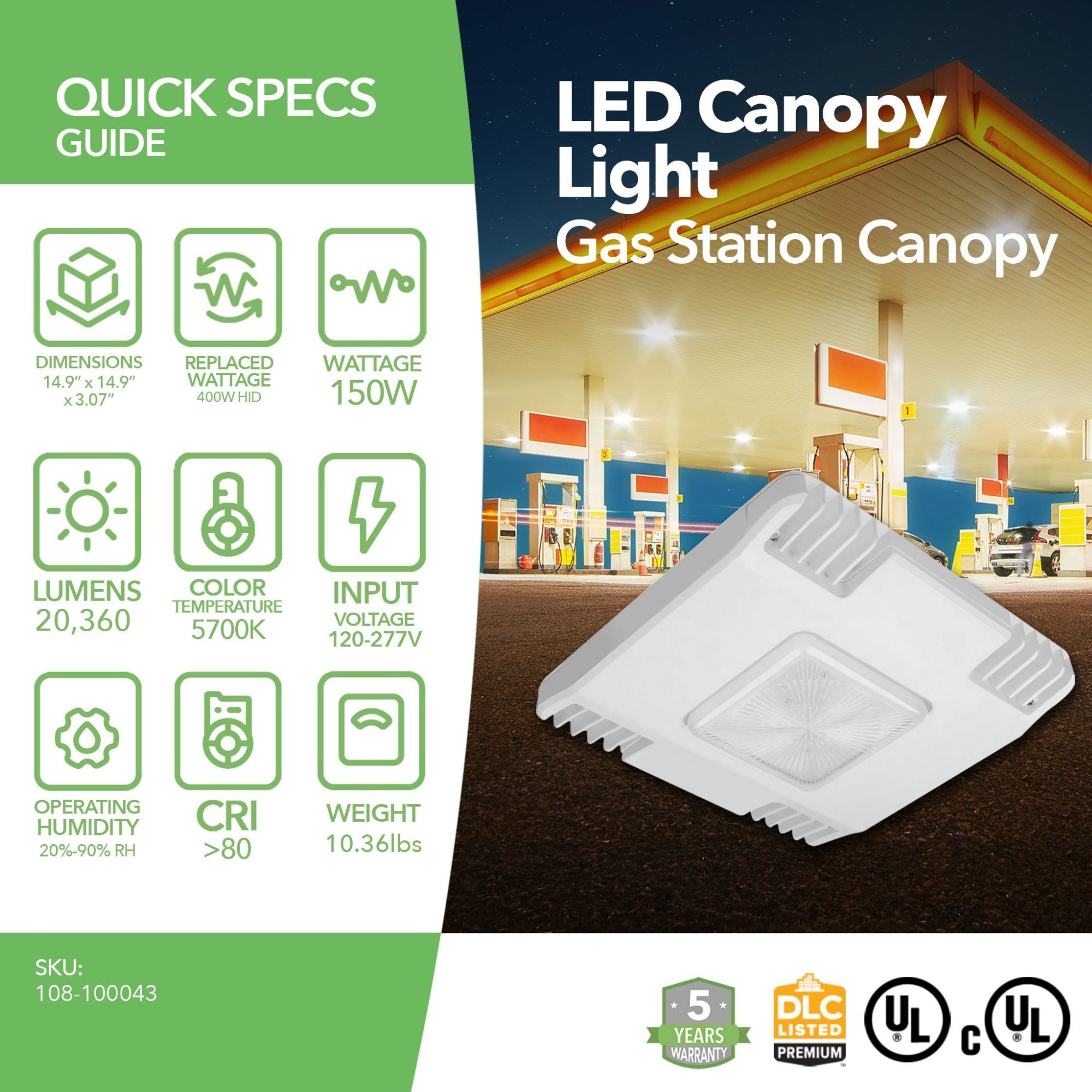 LED Canopy Light - 150W - Gas Station Canopy - 5700K - (UL + DLC Listed)