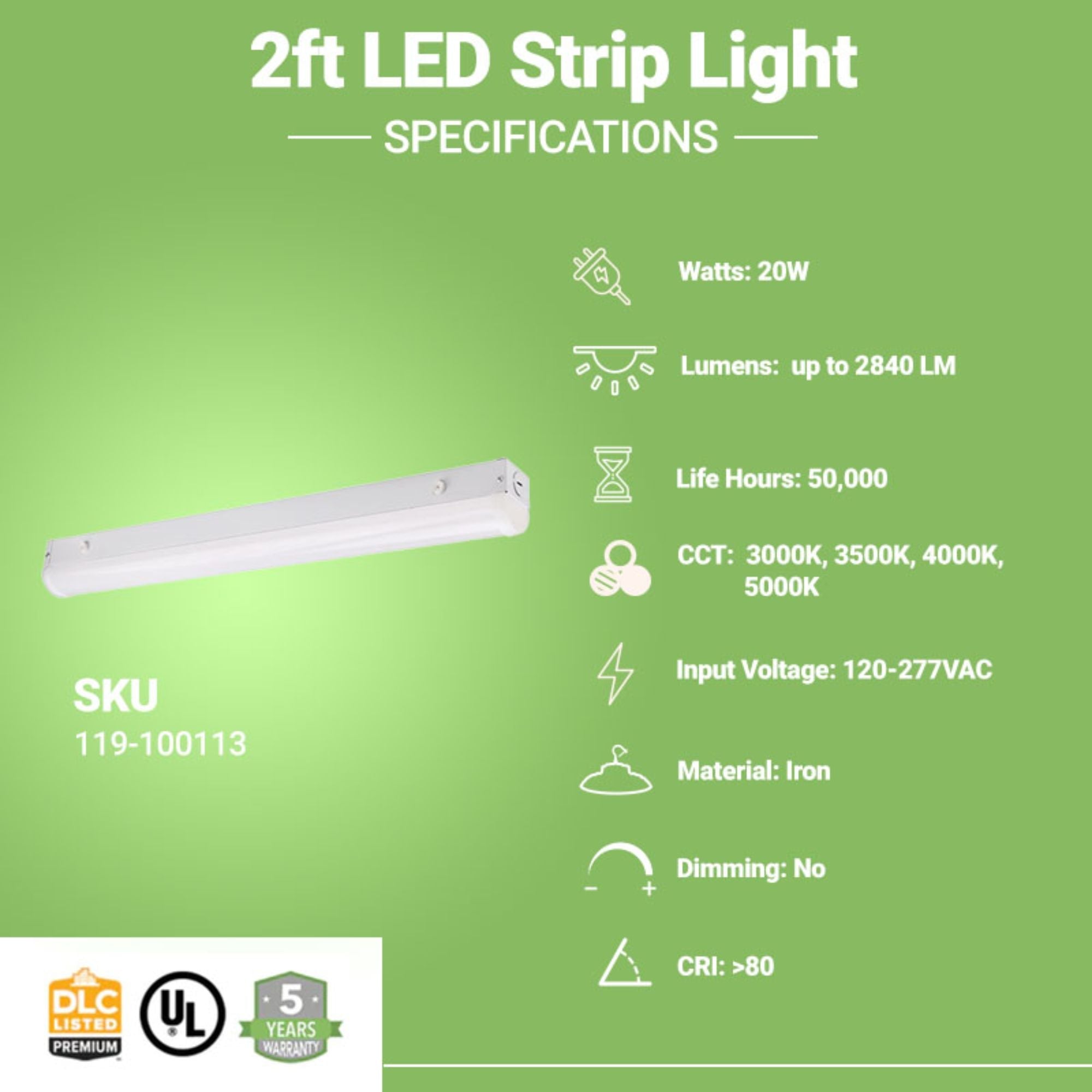 2ft LED Strip Light - 20W - Selectable CCT - 3000K/ 3500K/ 4000K/ 5000K - Up To 2840 Lumens - UL, DLC