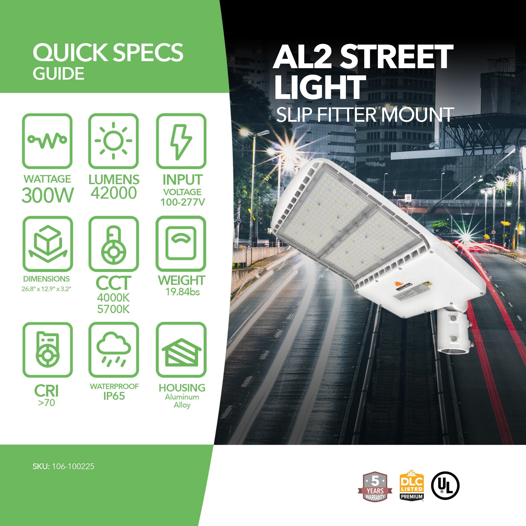 LED Street Light - 300W - 42,000 Lumens - Shorting Cap - Slip Fitter Mount - AL2 Series - UL+DLC (White)