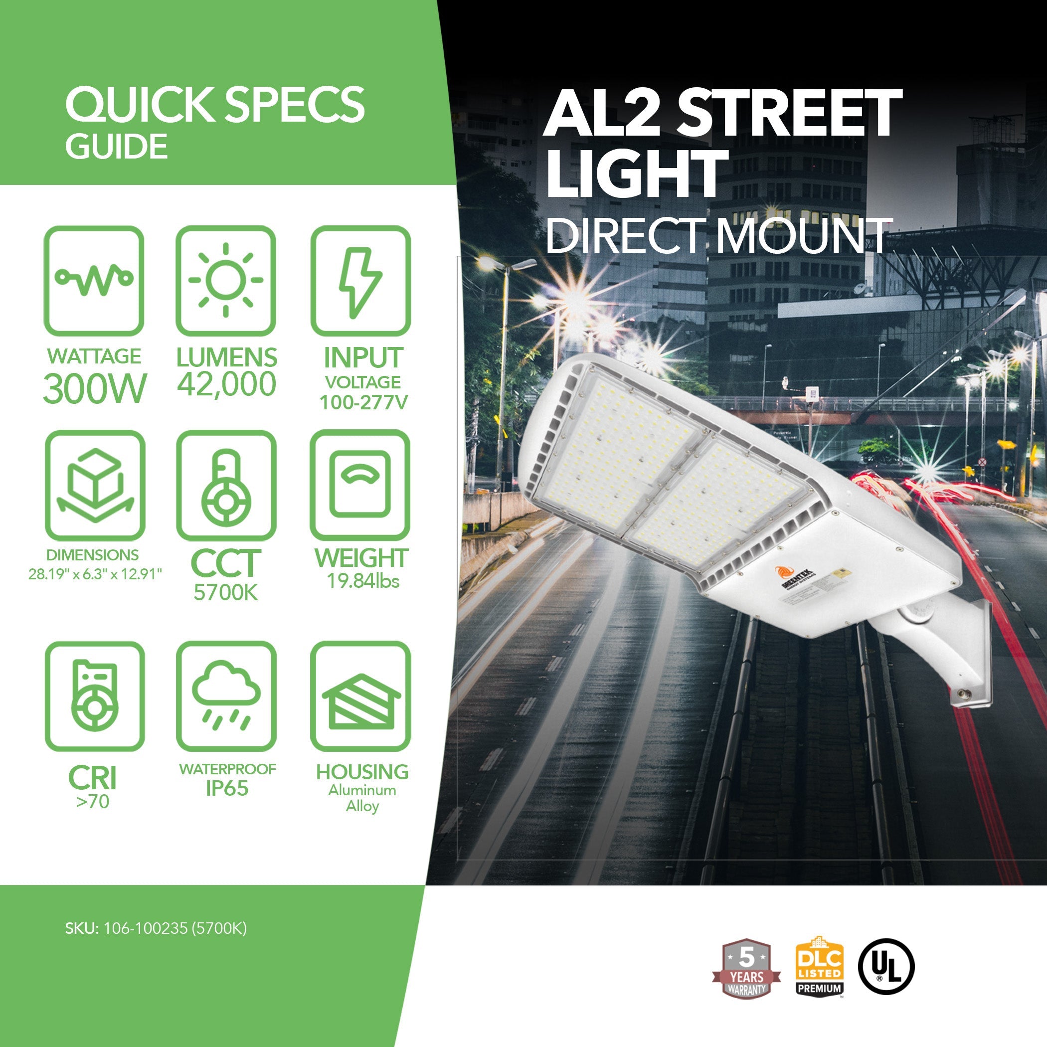 LED Street Light - 300W - 42,000 Lumens - Shorting Cap - Direct Mount - AL2 Series (White) - UL+DLC