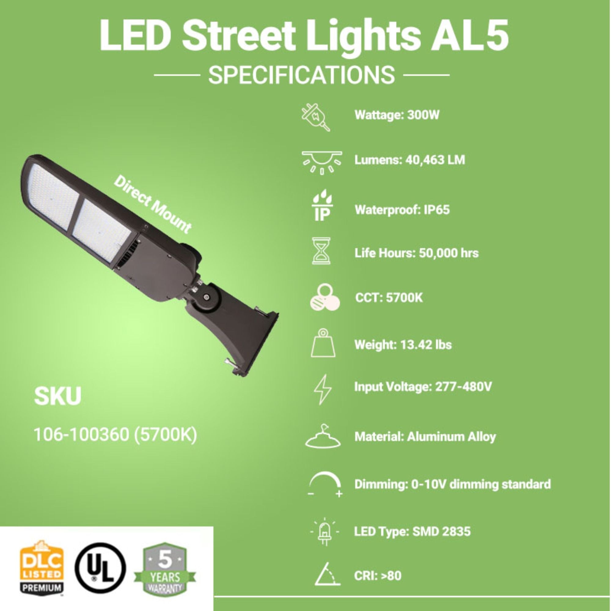LED Street Light - 300W - 40,463 Lumens - Shorting Cap - Direct Mount - AL5 Series - High Voltage - UL+DLC 5.1