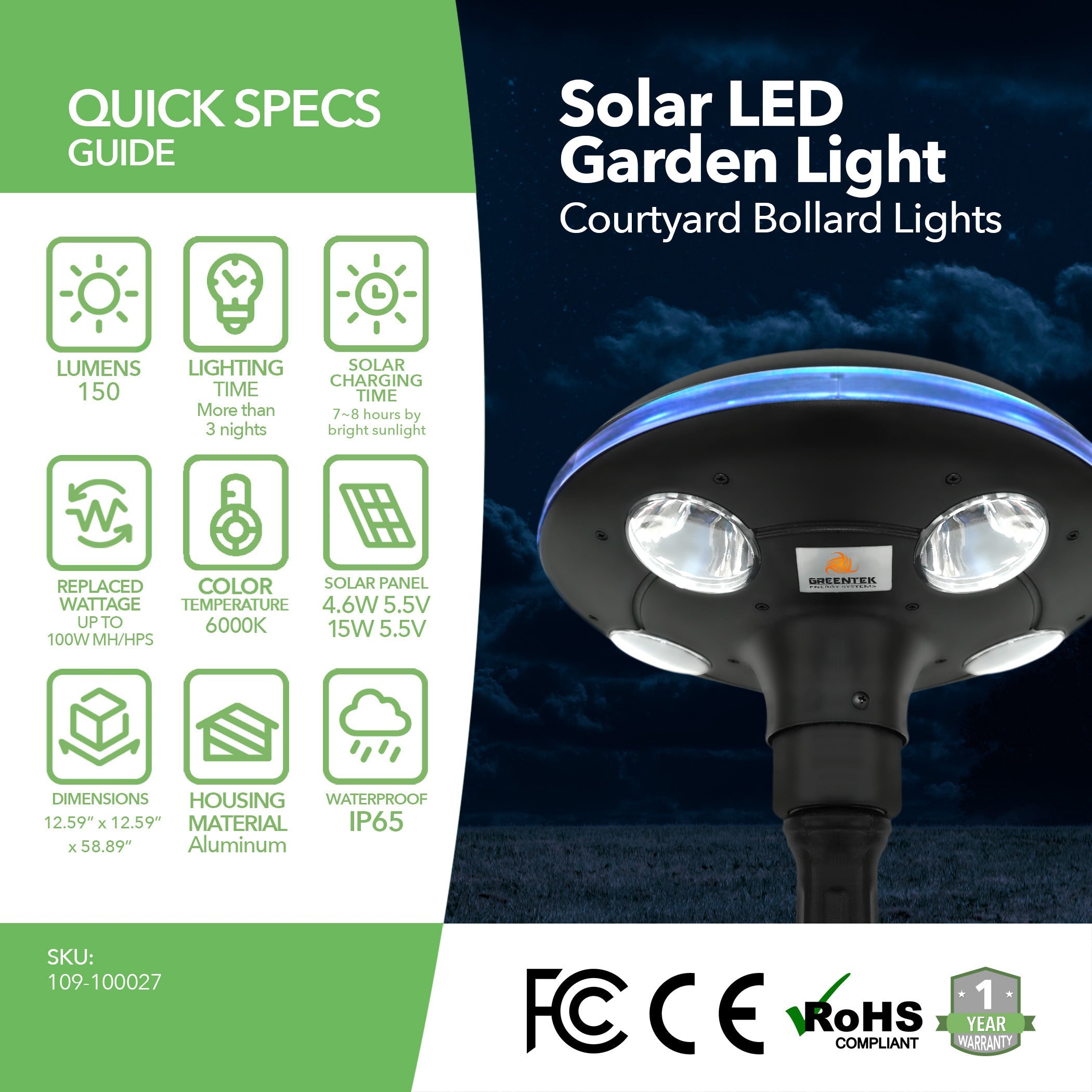 LED Solar Garden Light - 150 Lumens - LED Solar Courtyard Bollard Lights - 6000K