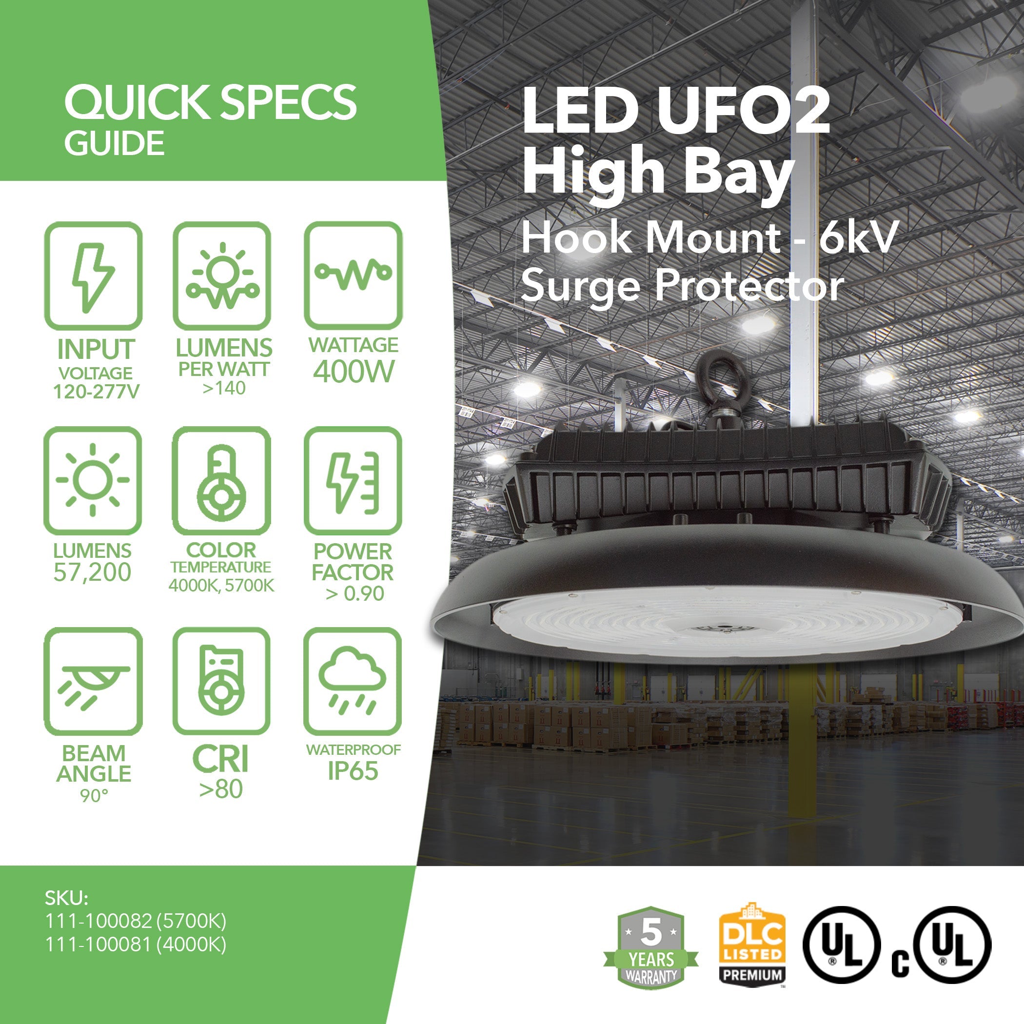 400W LED High Bay Light - 57,200 Lumens - UFO2 - Hook Mount - 6kV Surge Protection - IP65 - UL & DLC
