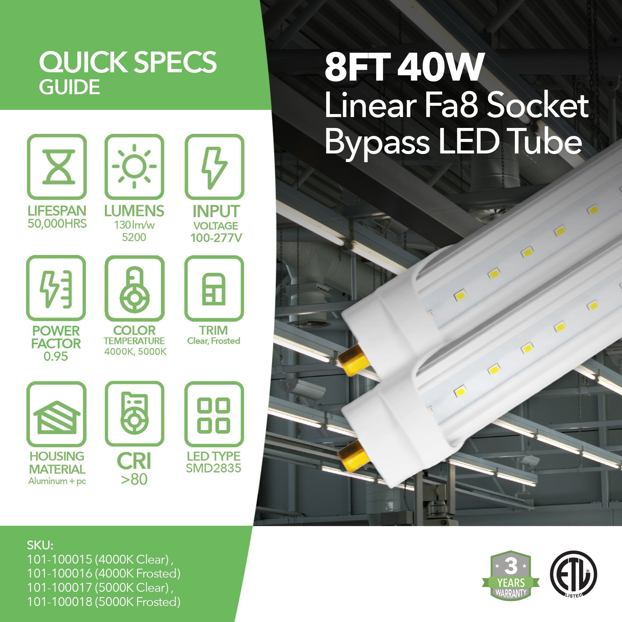 8ft 40W LED Linear Tube - Fa8 Socket - Bypass - (ETL)