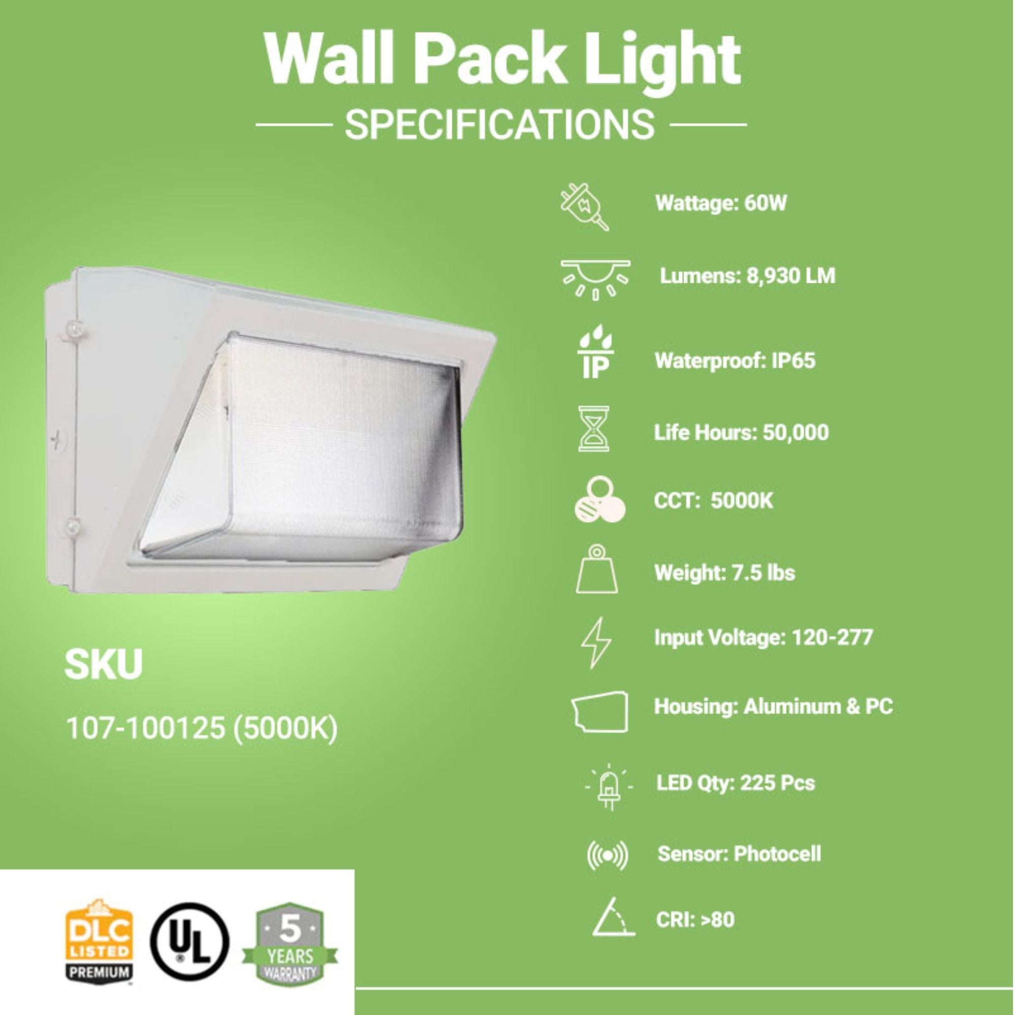LED Wall Pack Light - 60W - 8,930 Lumens - Photocell Included - SWP5 - Forward Throw - DLC Listed - White