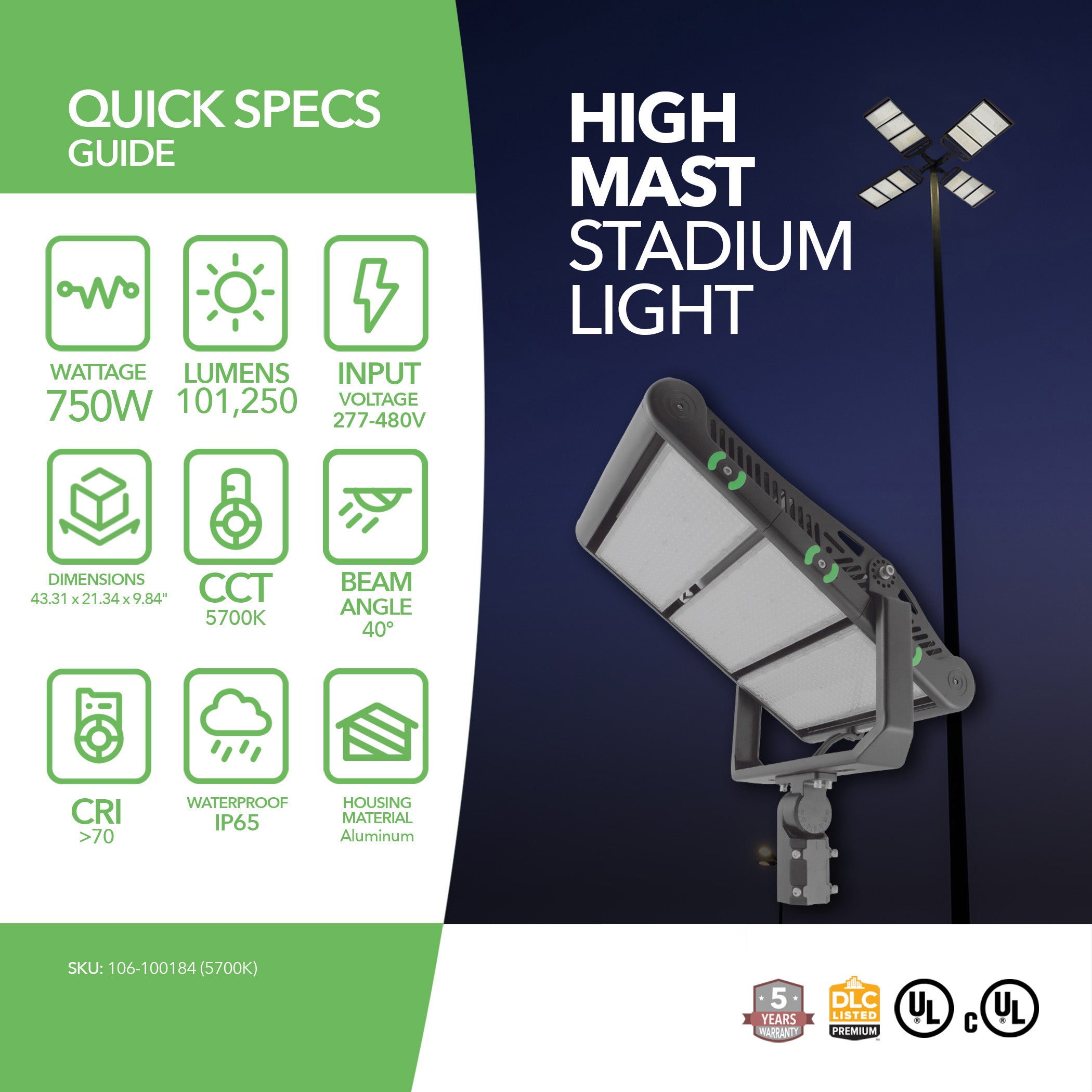 750W LED High Mast Stadium Light - 101,250 Lumens - High Voltage - 5 Year Warranty