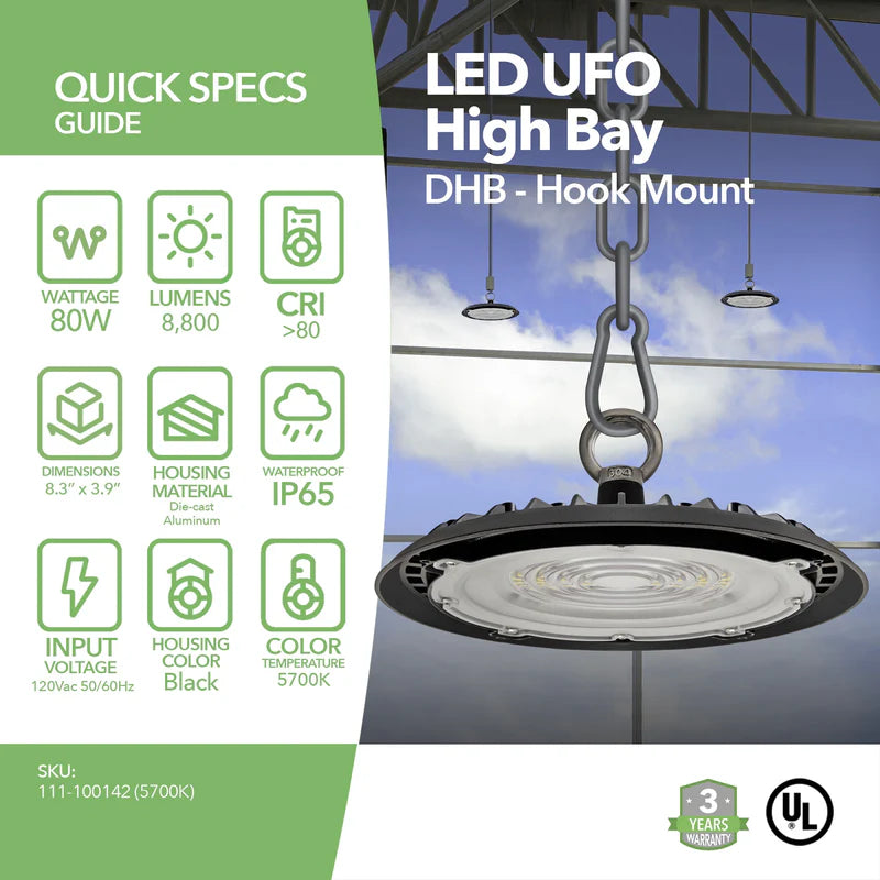 80W Slim UFO LED High Bay Light – 8,800 Lumens, Hook Mount, Warehouse & Industrial Lighting, UL Listed