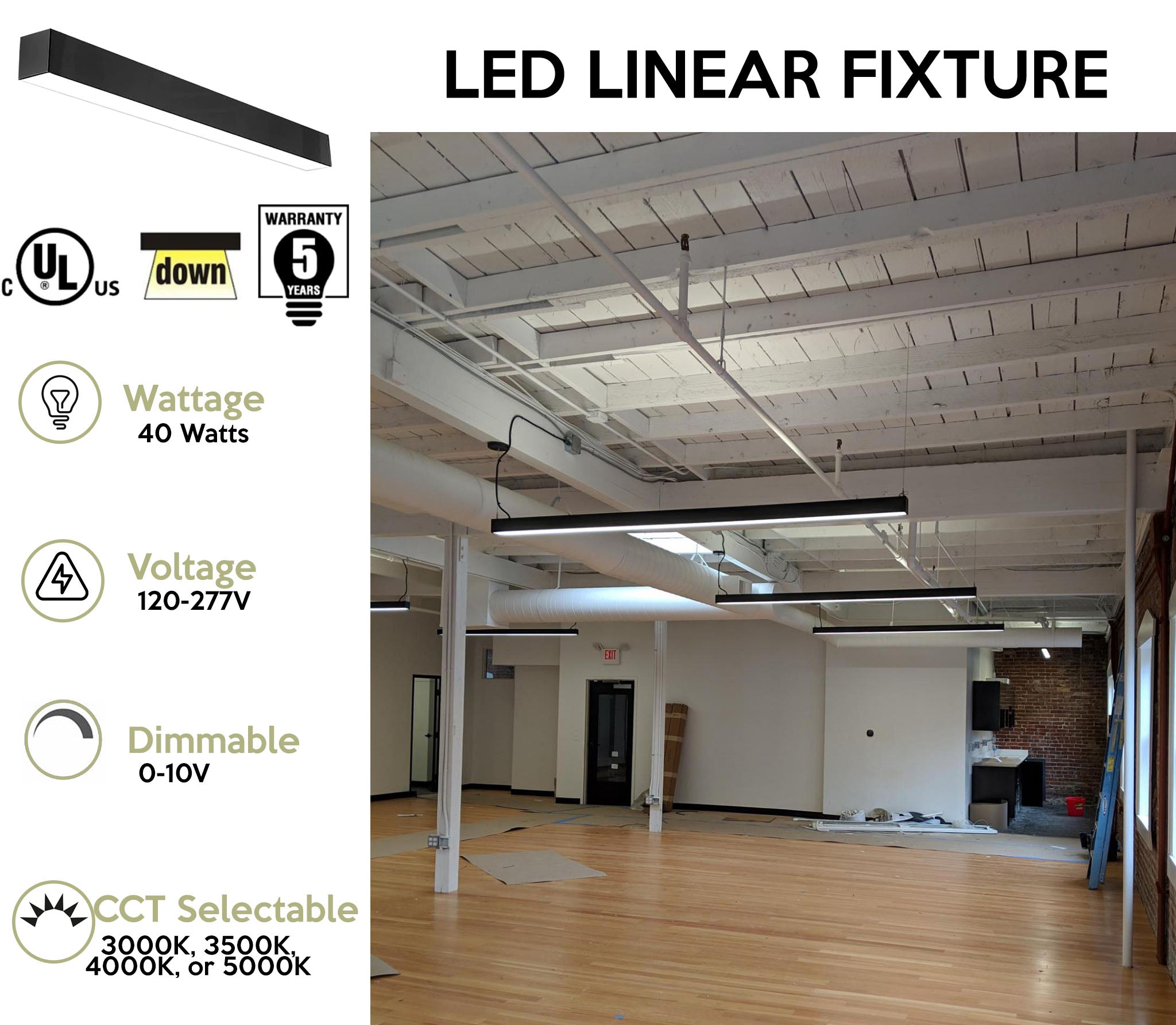 4 FT LED Linear Fixture G2, 4800 Lumen Max, 40 Watt, CCT Selectable, 120-277V, Black, White or Silver Finish