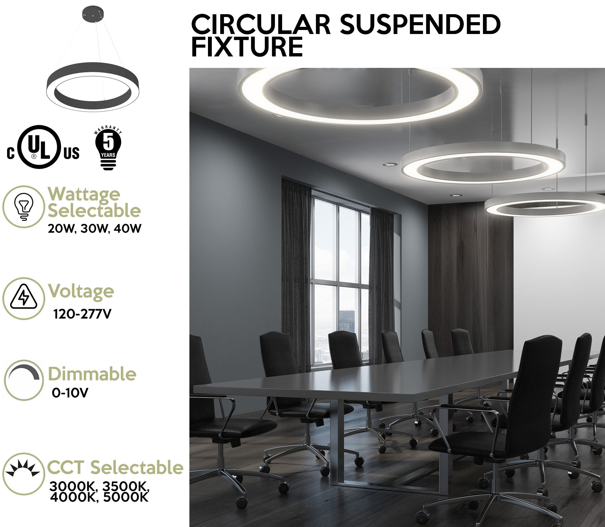 24" LED Round Suspended Fixture, 4000 Lumen Max, Wattage and CCT Selectable, 120-277V, White or Black Finish