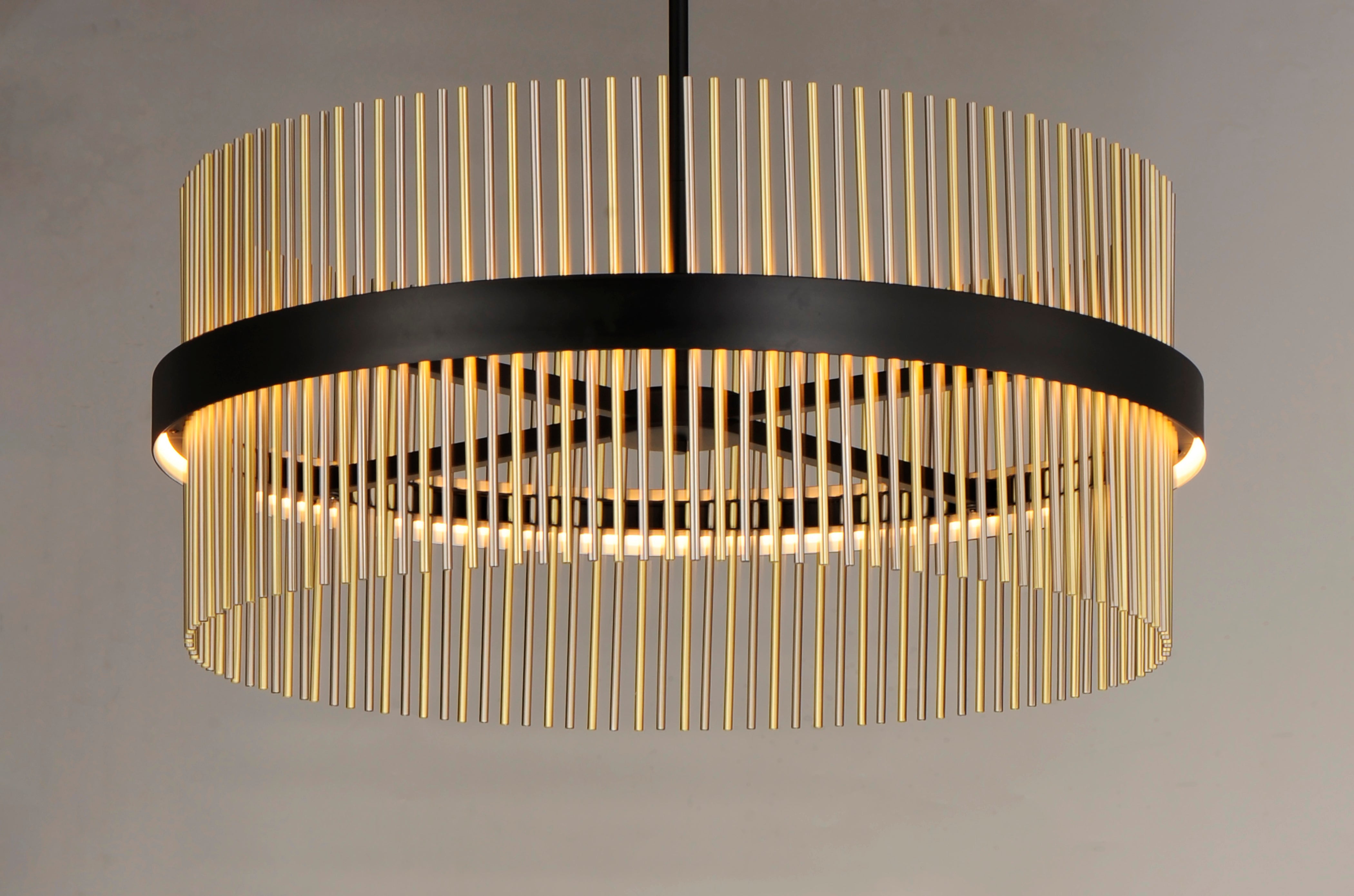 34" Chimes LED Pendant, 7,000 Lumens, 73W, 2700K-5000K CCT Selectable, 120-277V, Black/ Satin Nickel, Black/ Satin Brass, or Black/ Satin Brass/ Satin Nickel Finish