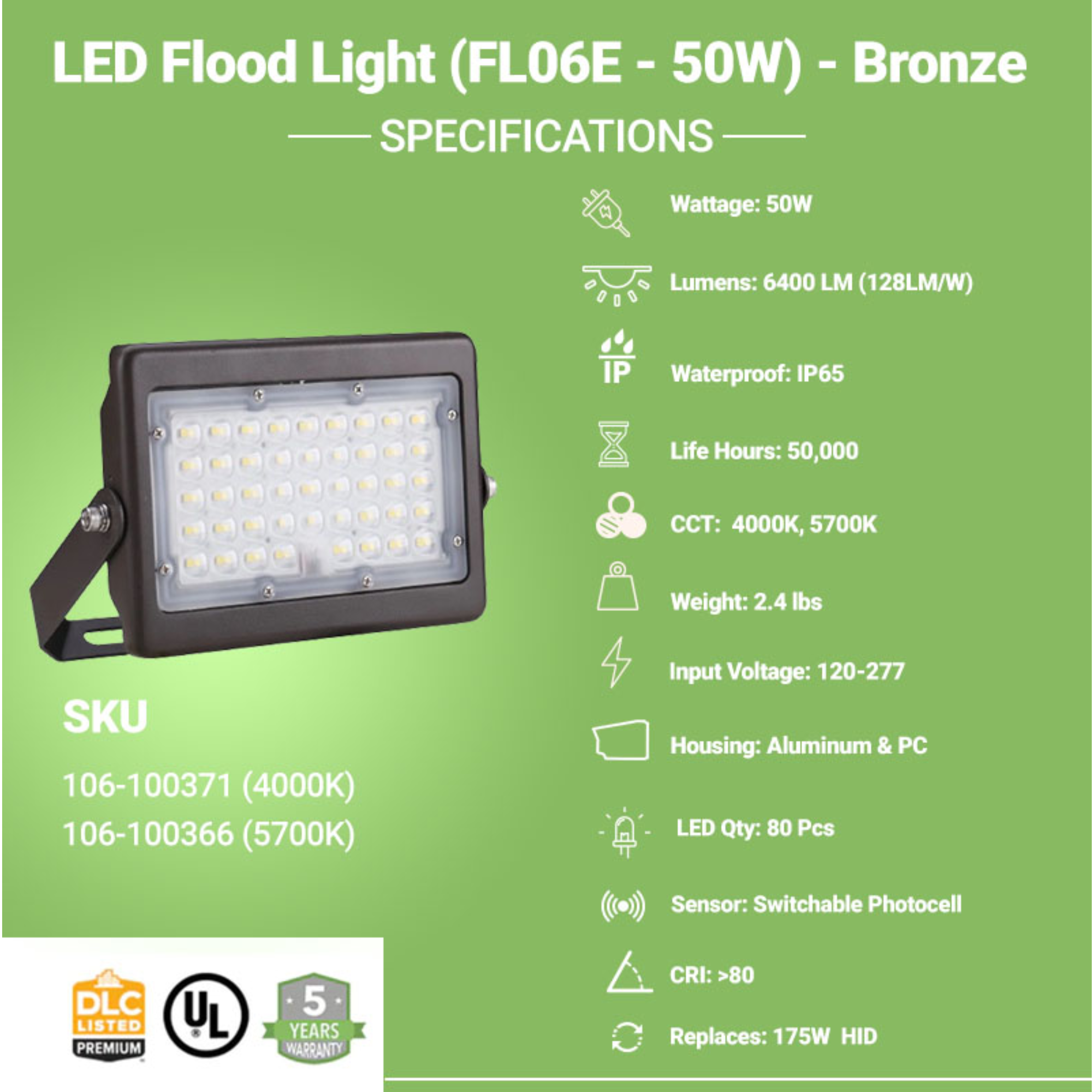 LED Flood Light - 50W - 6400 Lumens - FL06E - Photocell Included - UL+DLC5.1