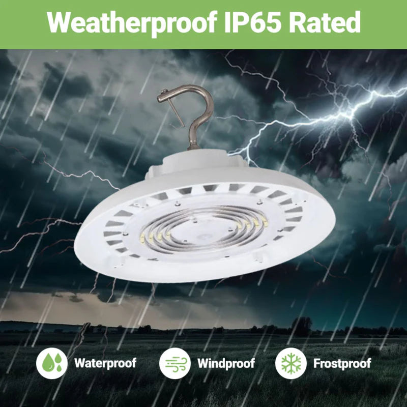 240W LED UFO High Bay Light - 34,320 Lumens, High Voltage, Hook Mount, IP65, UL & DLC 5.1 Certified