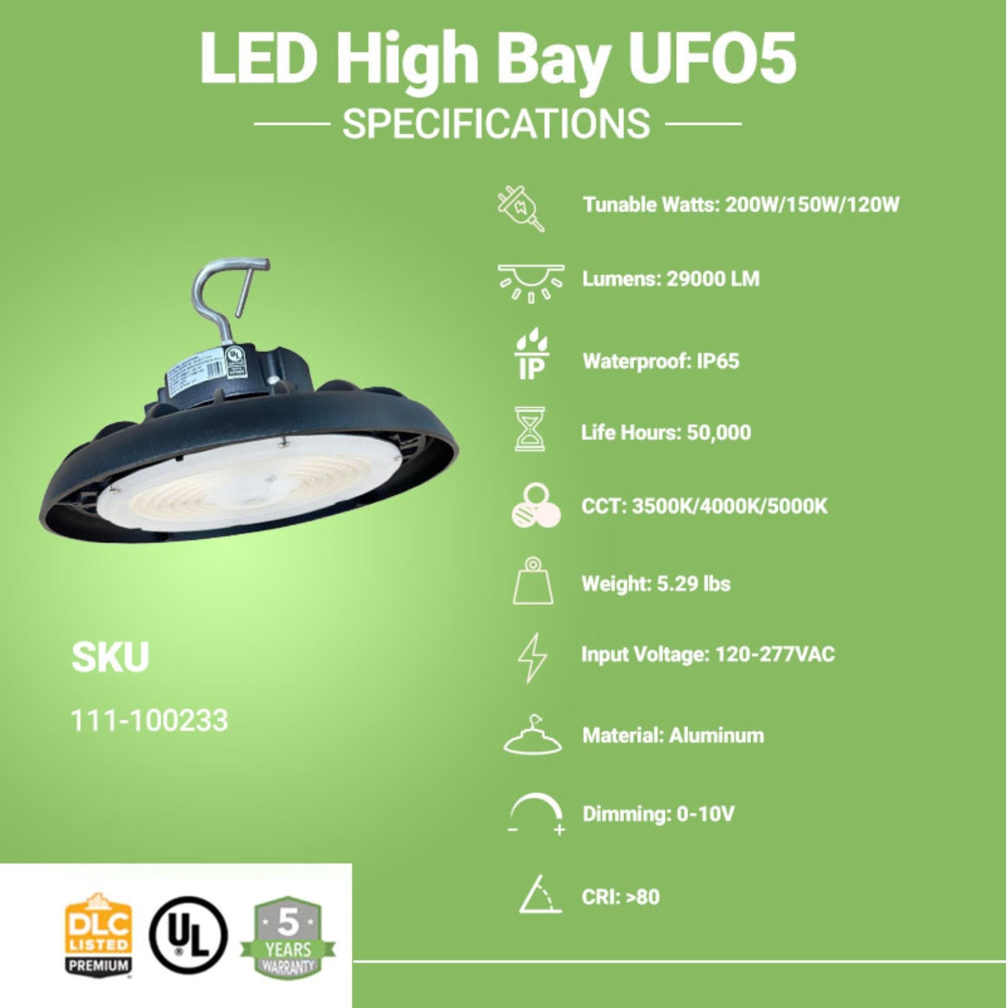 LED High Bay Light – 160 lm/W – Wattage & CCT Selectable (200W/150W/120W | 5000K/4000K/3500K) – UFO5 – UL DLC
