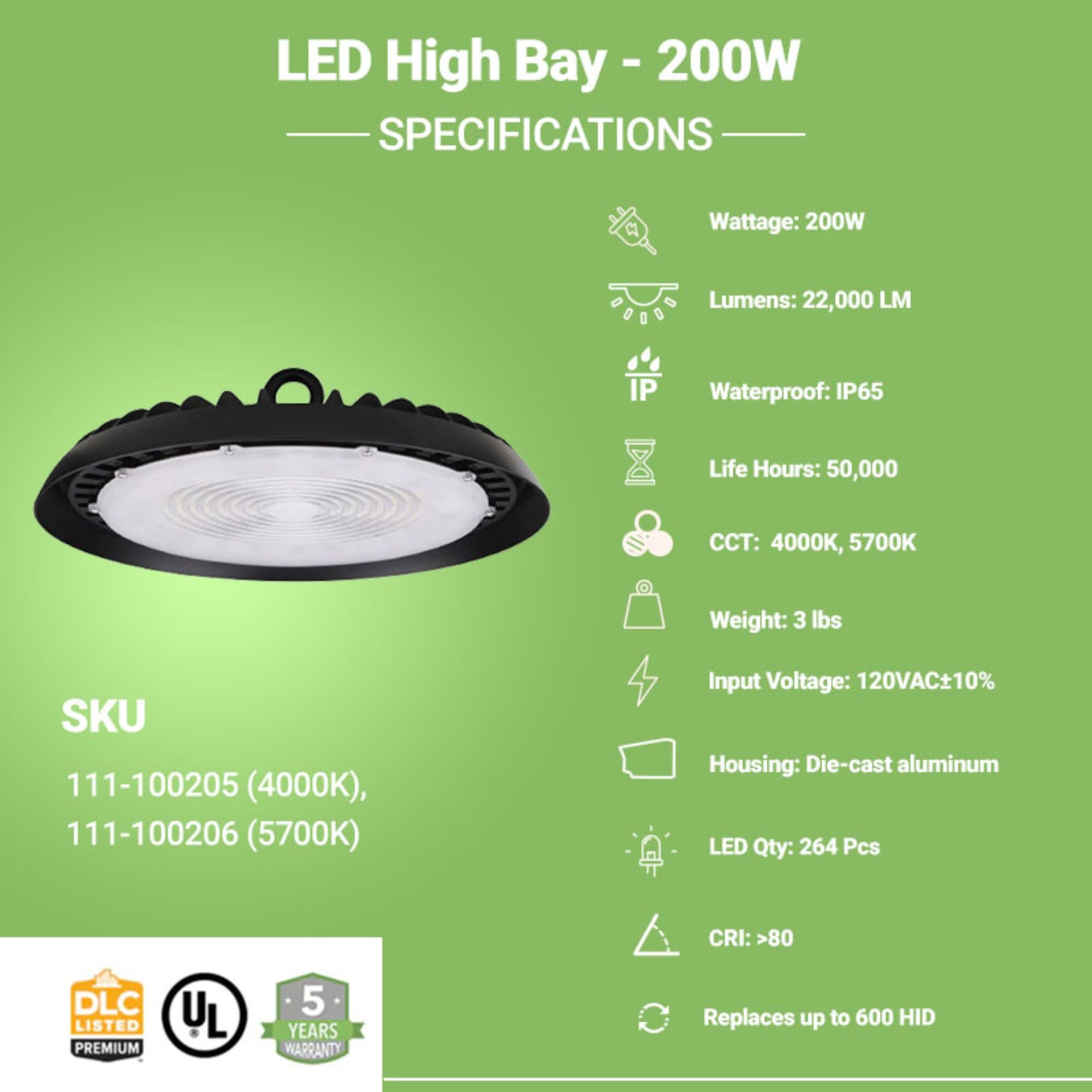 200W Slim UFO LED High Bay Light – 22,000 Lumens, Dimmable, IP65, UL & DLC Listed
