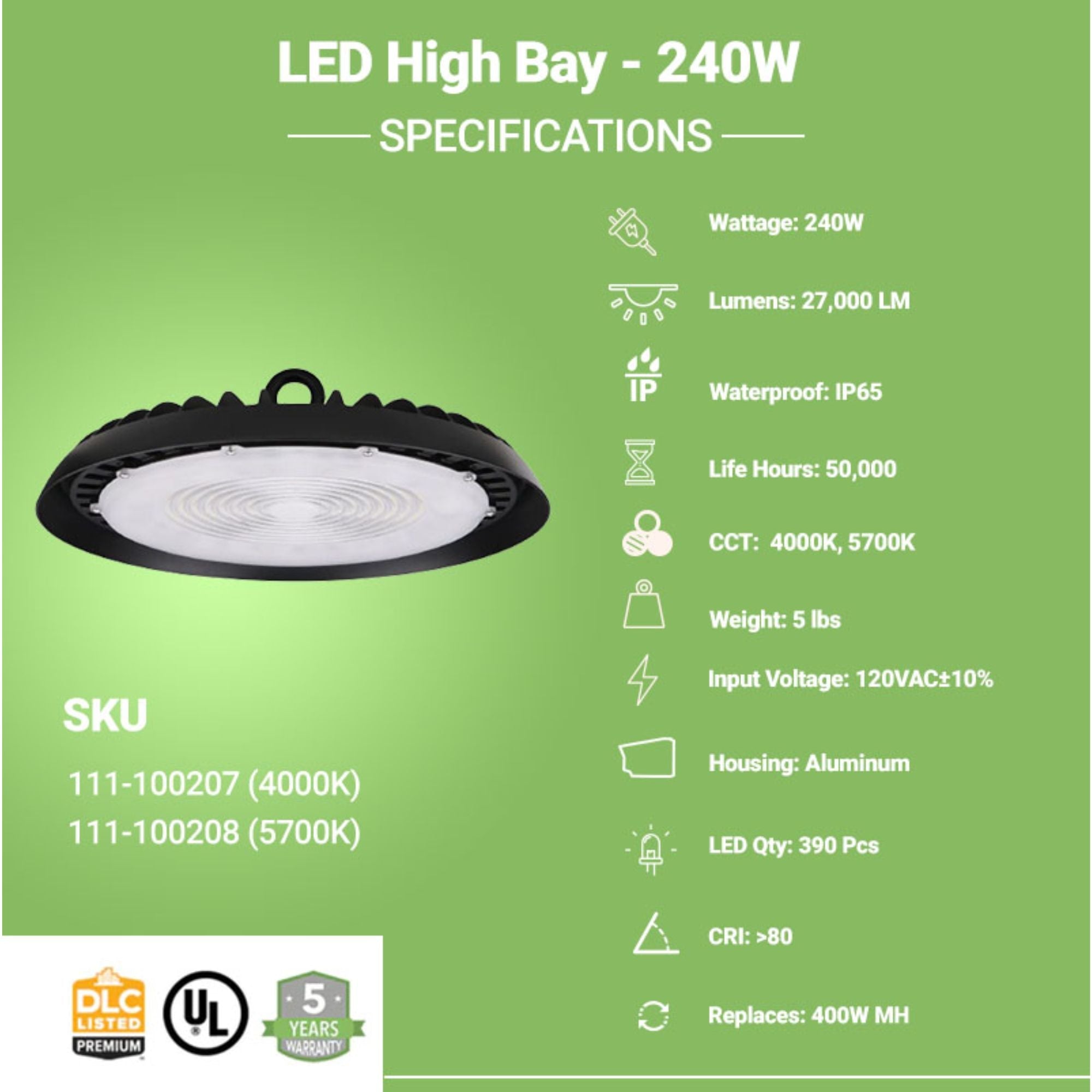 240W Slim UFO LED High Bay Light – 27,000 Lumens, 4000K/5000K, IP65, Dimmable, UL & DLC Listed