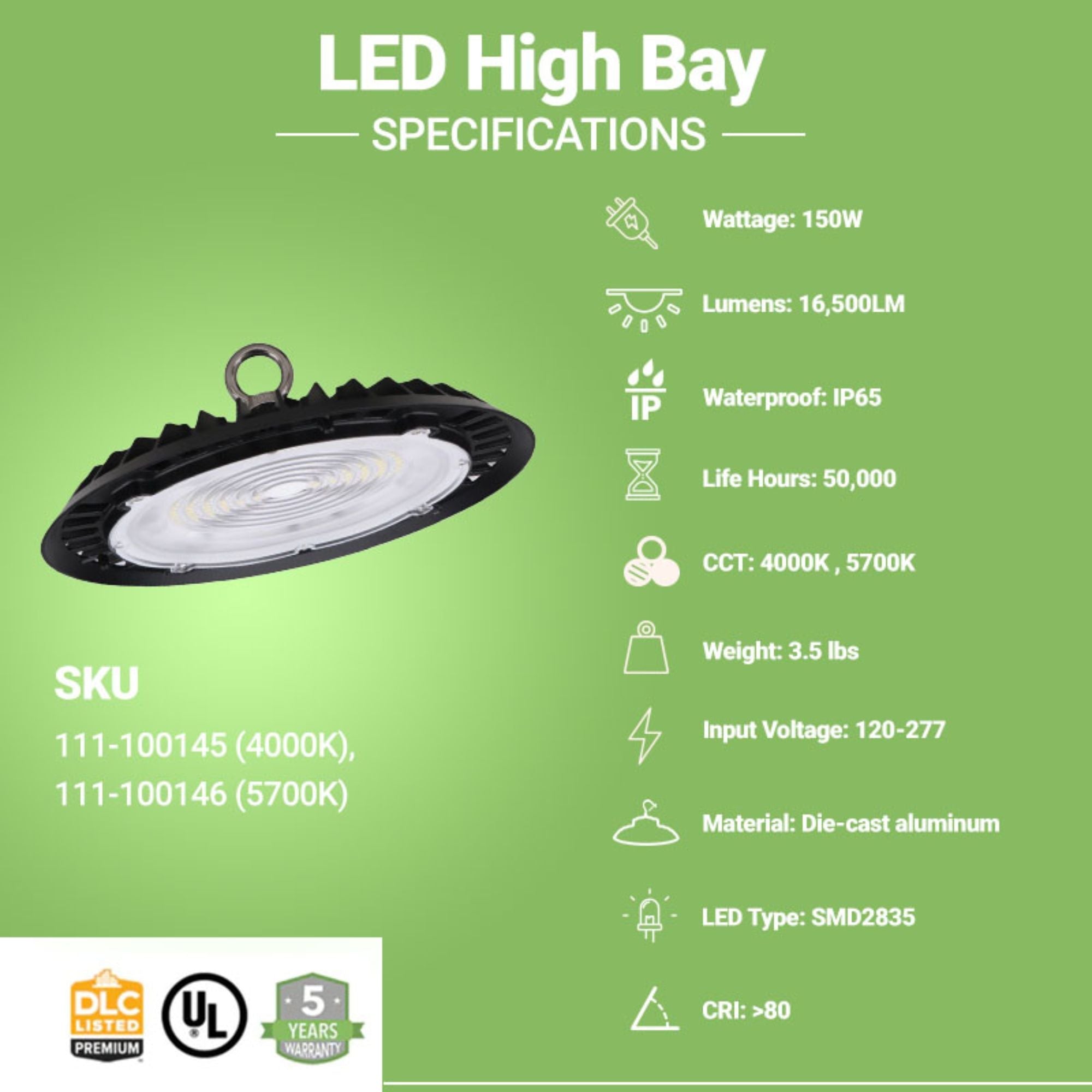 LED High Bay Light – 150W – 16,500 Lumens – Slim UFO – Hook Mount – UL Certified – UFO Series