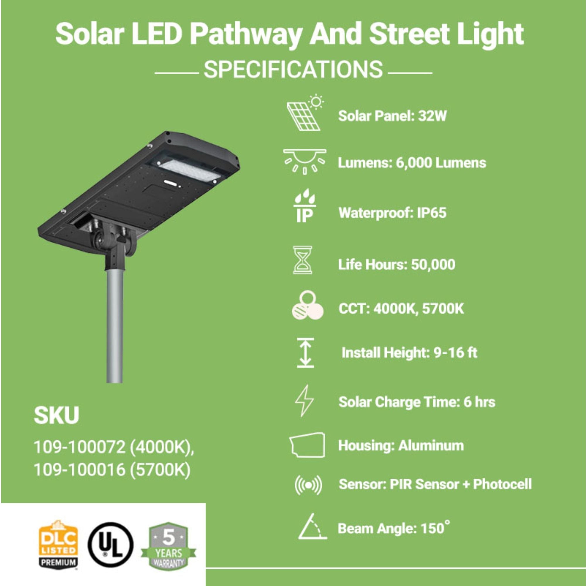 LED Solar Street and Pathway Light with Solar Panel and Remote Control - 6,000 Lumens