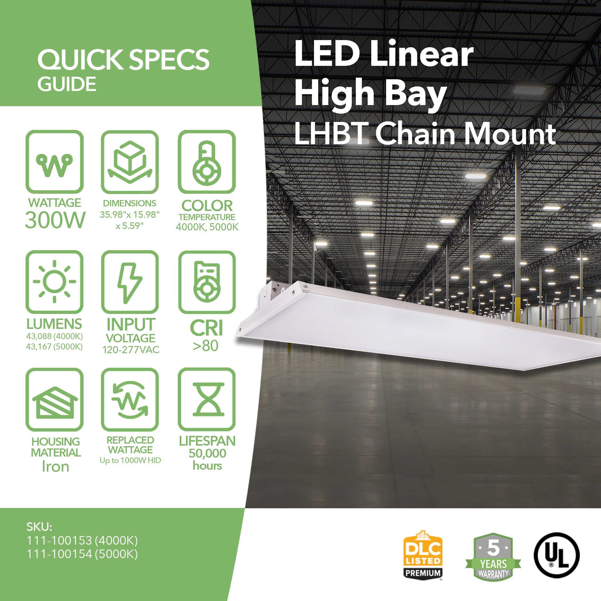 LED Linear High Bay - 300W - LHBT- 3ft - Chain Mount - UL+DLC