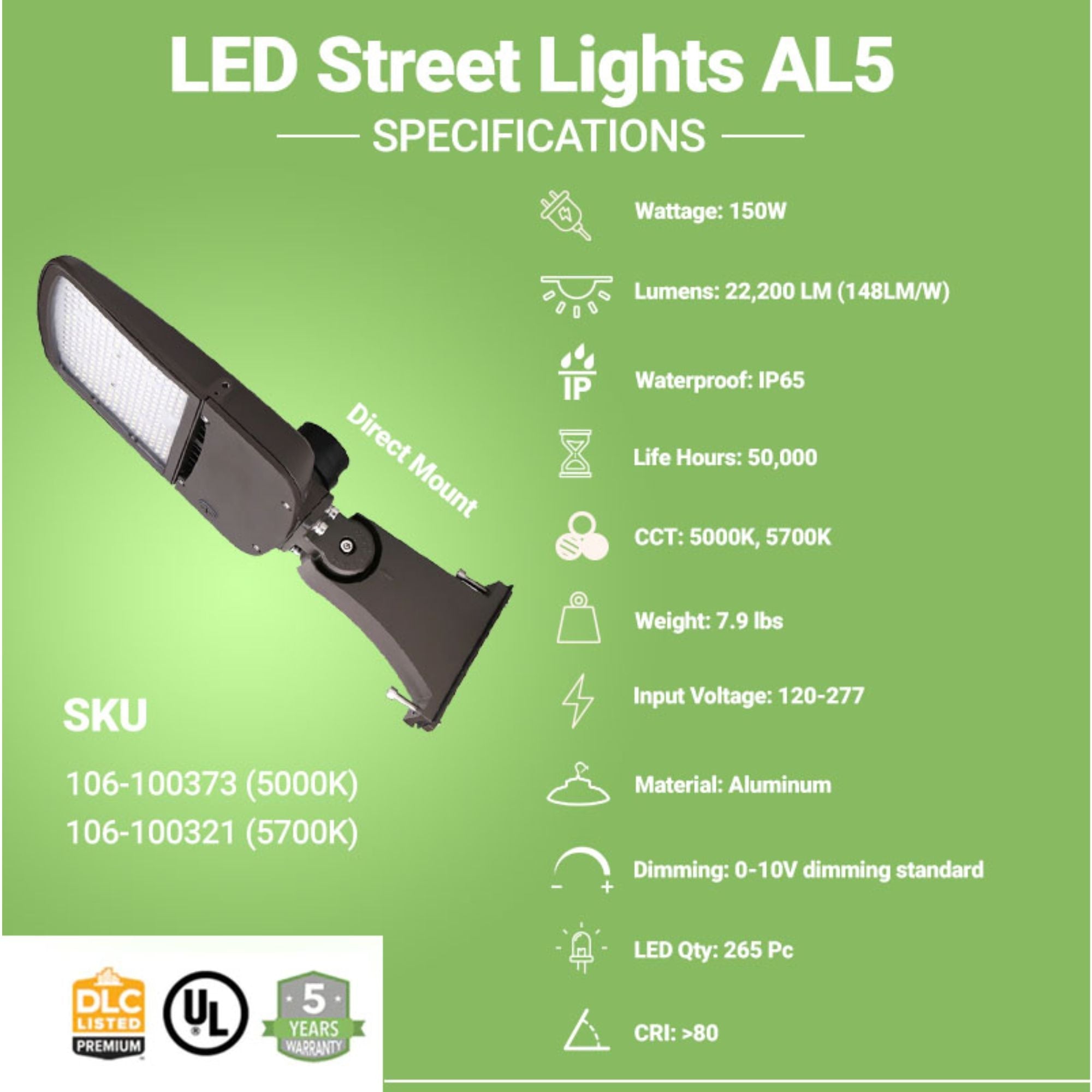 LED Street Light - 150W - 22,200 Lumens - Shorting Cap - Direct Mount - AL5 Series - UL+DLC 5.1