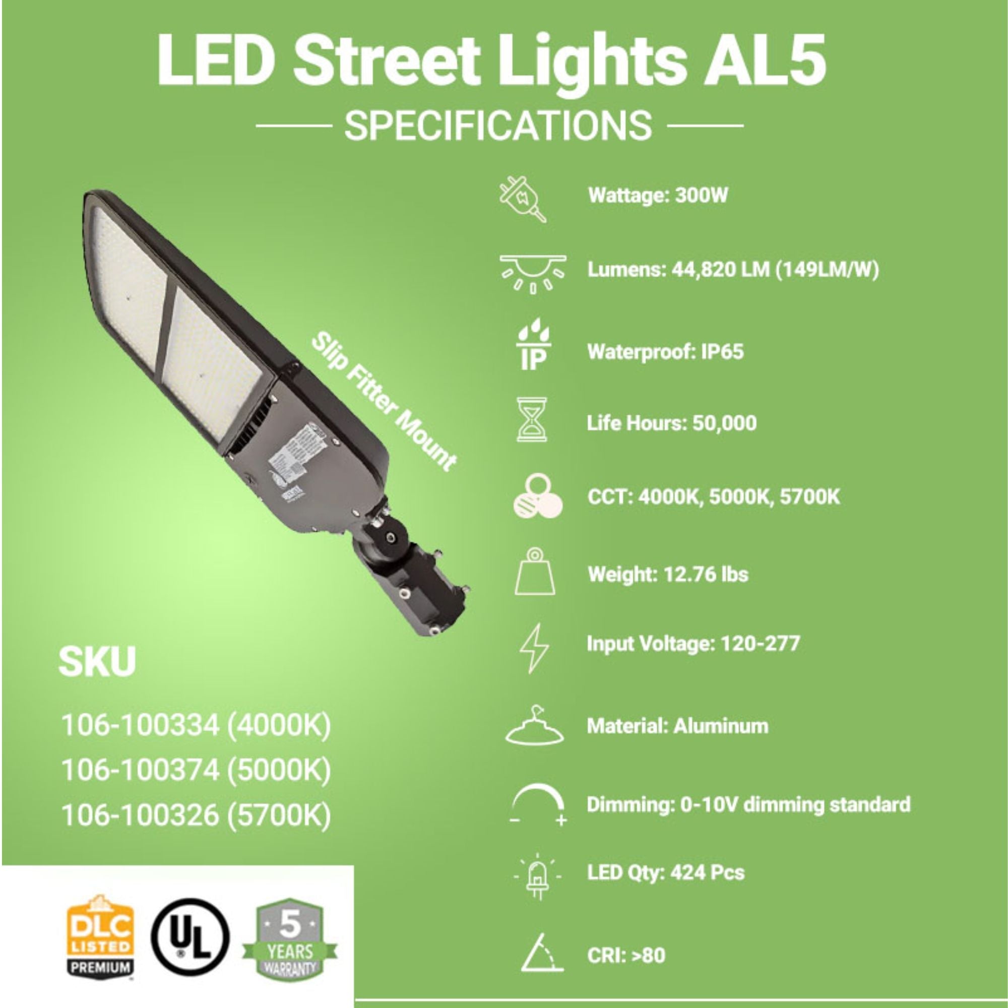 LED Street Light - 300W - 44,820 Lumens - Shorting Cap - Slip Fitter Mount - AL5 Series - UL+DLC 5.1