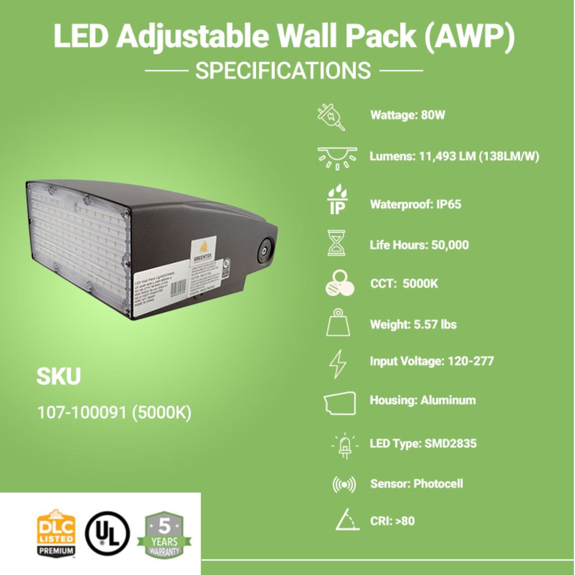 LED Adjustable Wall Pack - 80W - 11,493 LM - Photocell Included - AWP - (UL + DLC 5.1)