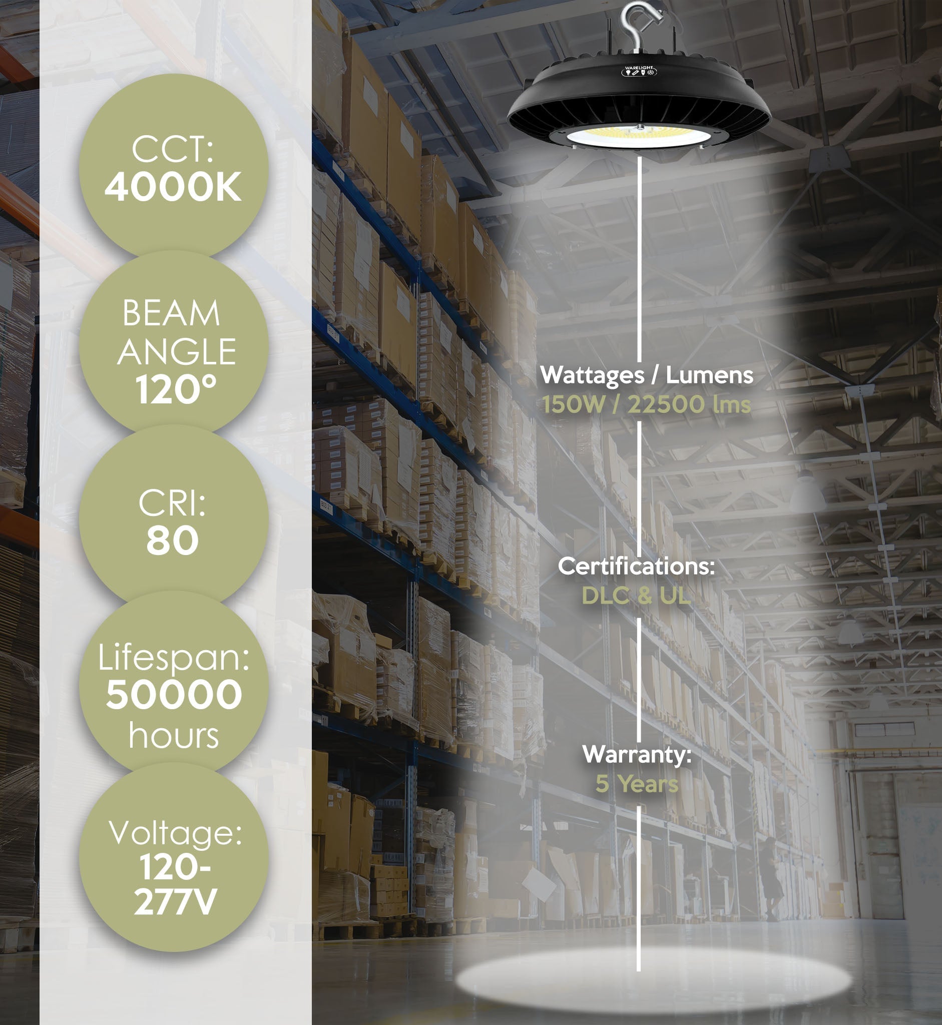 150W LED UFO High Bay Light – 22,500 Lumens, 4000K, Black Finish, UL & DLC 5.1 Certified