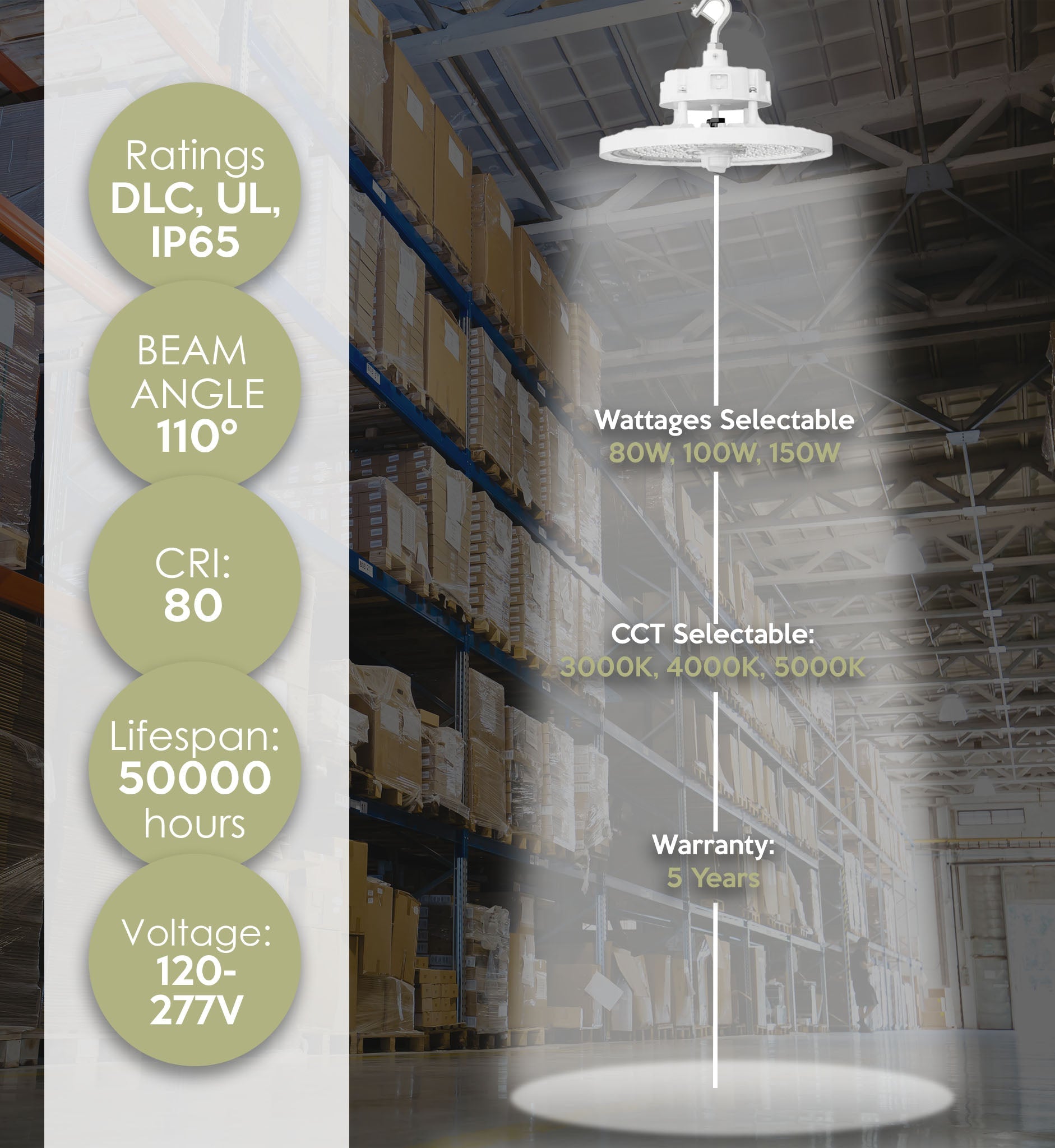 Aries G3 LED UFO High Bay Light – 80W/100W/150W Selectable – 21,000 Lumens – CCT Adjustable – White Finish