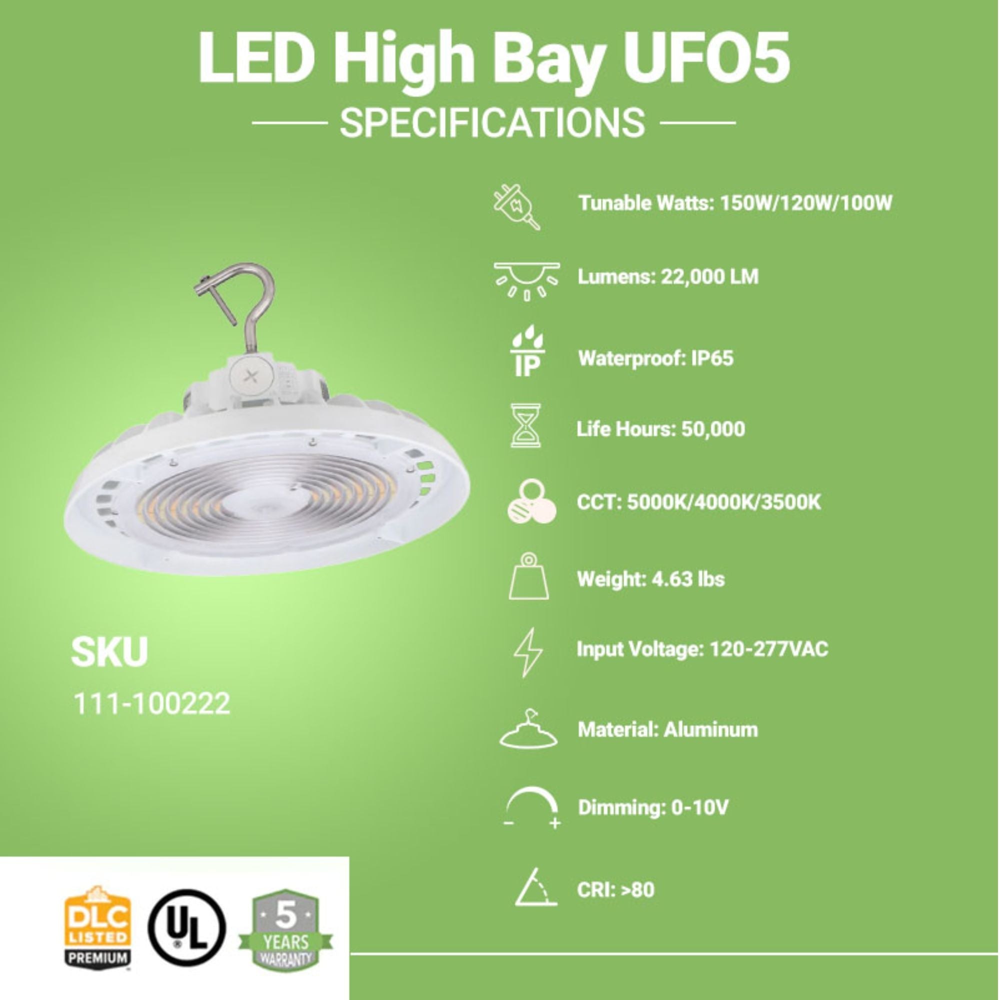 LED High Bay Light – 22,000 Lumens, Wattage Tunable (150W/120W/100W), CCT Selectable (5000K/4000K/3500K), UFO5 Series, Hook Mount, UL & DLC 5.1