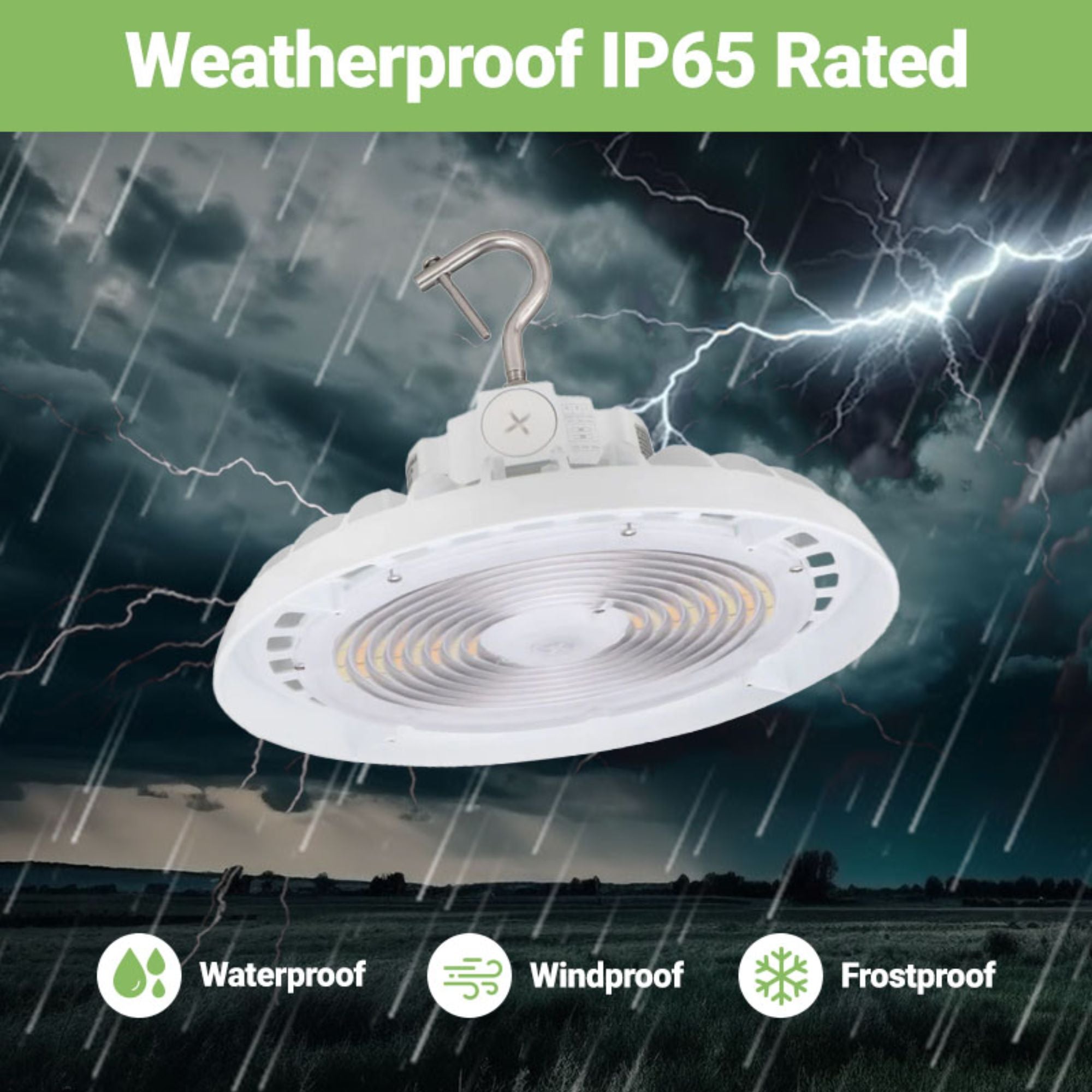 LED High Bay Light – 22,000 Lumens, Wattage Tunable (150W/120W/100W), CCT Selectable (5000K/4000K/3500K), UFO5 Series, Hook Mount, UL & DLC 5.1