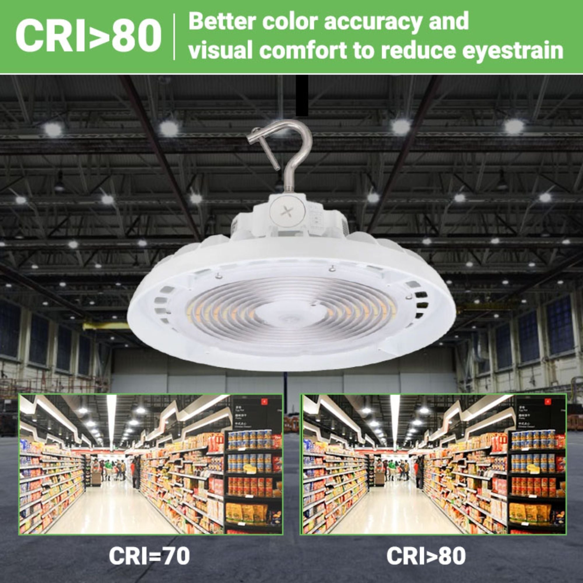 LED High Bay Light – 22,000 Lumens, Wattage Tunable (150W/120W/100W), CCT Selectable (5000K/4000K/3500K), UFO5 Series, Hook Mount, UL & DLC 5.1