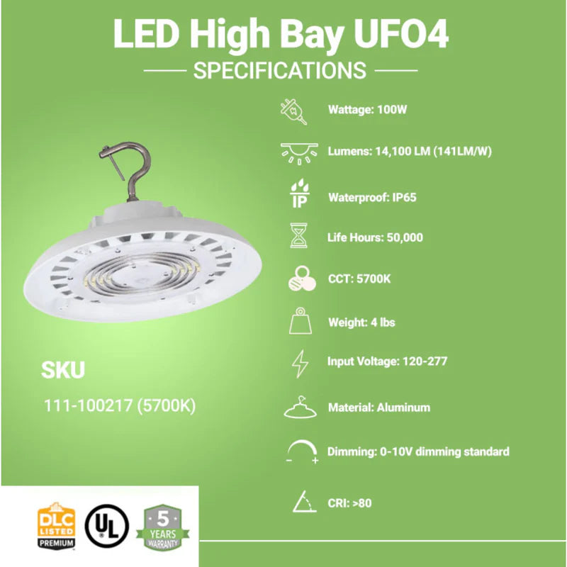 100W LED UFO High Bay Light - 14,100 Lumens, Hook Mount, UL & DLC 5.1 Certified