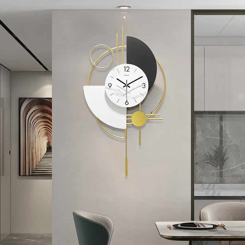 3D Mute Metal Wall Clock with Gold Pendulum Modern Round Decor Art Living Room Bedroom