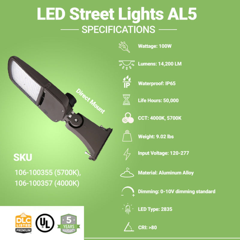 LED Street Light - 100W - 14,200 Lumens - Shorting Cap - Direct Mount - AL5 Series - UL+DLC 5.1