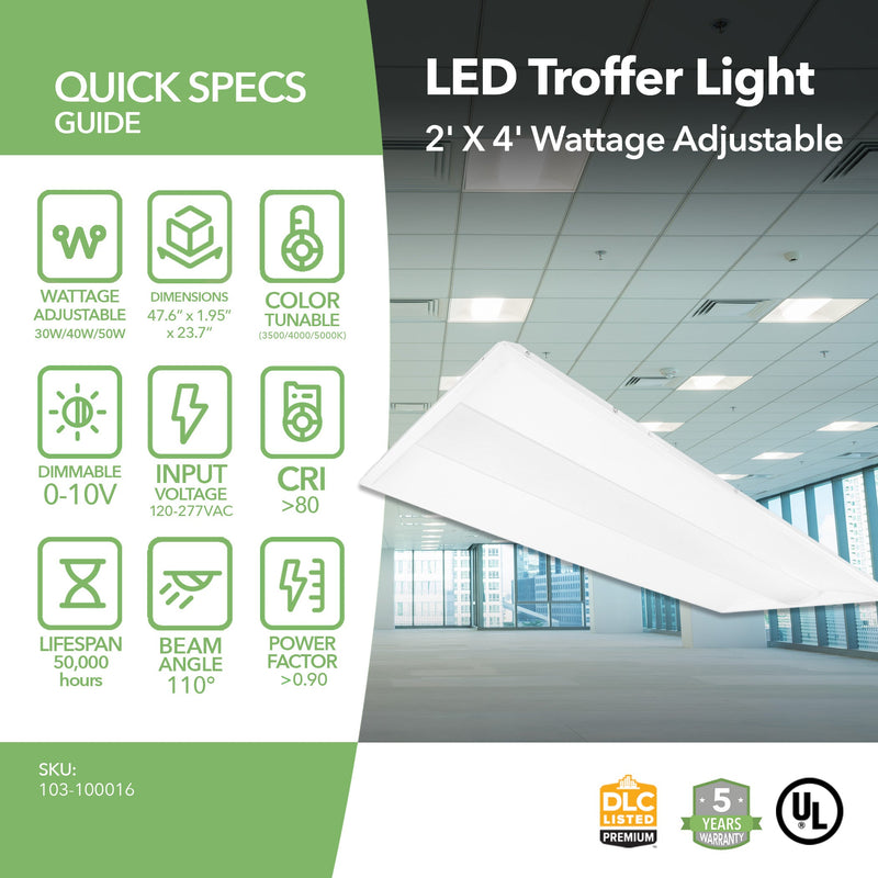 LED Troffer Light - 2' X 4' - 50W - 2 Pack - Wattage Tunable (30W/40W/50W) and CCT Selectable (3500/4000/5000K)- Dimmable - (UL + DLC 5.1)