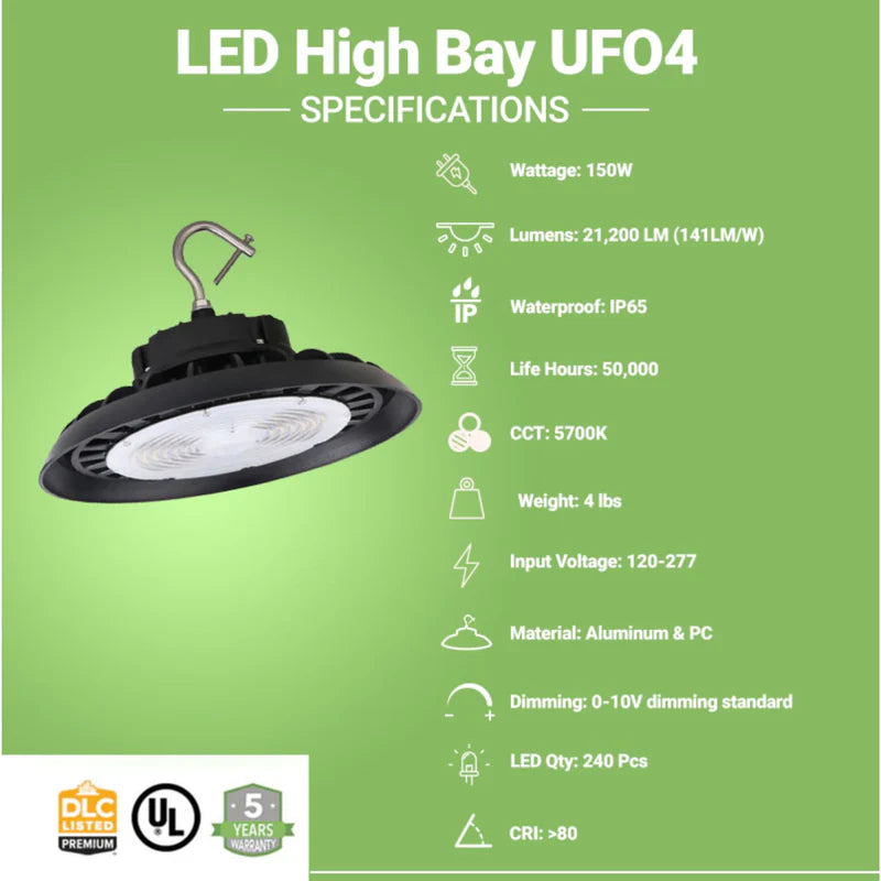 150W UFO LED High Bay Light – 21,200 Lumens, Hook Mount, Black | UL & DLC 5.1 Certified