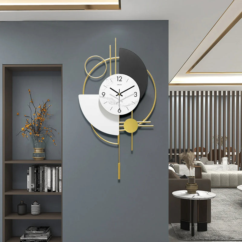 3D Mute Metal Wall Clock with Gold Pendulum Modern Round Decor Art Living Room Bedroom