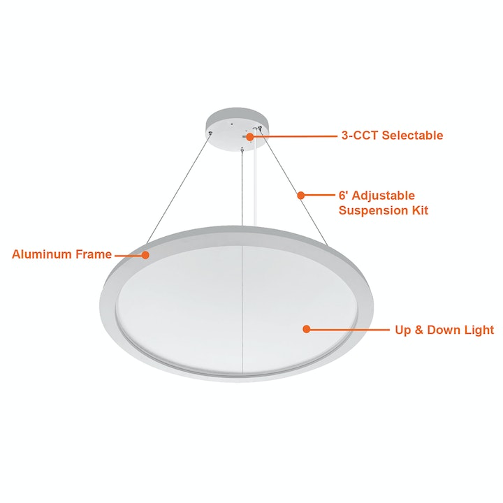 LED 23" Round Suspended Up/Down Light, 2500 Lumens, CCT Selectable, 50W, 100-277V, White or Black Finish