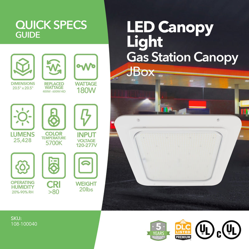 LED Canopy Light - 180W - Gas Station Canopy - JBox - 5700K - (UL + DLC Listed)