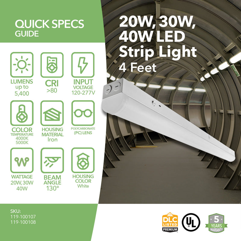 4ft LED Strip Light - Selectable Wattage - 20W, 30W, 40W - 5,400 Lumens - UL, DLC