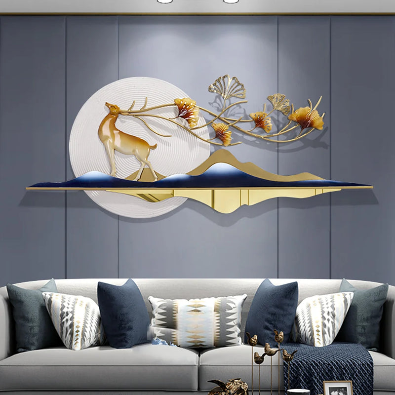 55" Modern Metal Wall Decor with Hollow-Out Ginkgo Leaves & Deer for Living Room