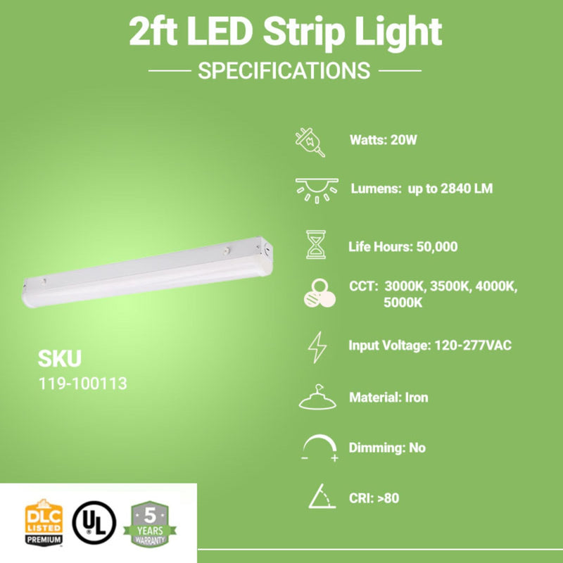 2ft LED Strip Light - 20W - Selectable CCT - 3000K/ 3500K/ 4000K/ 5000K - Up To 2840 Lumens - UL, DLC