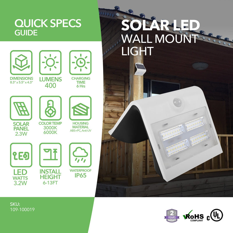 Solar LED Wall Mount Light - 400 Lumens