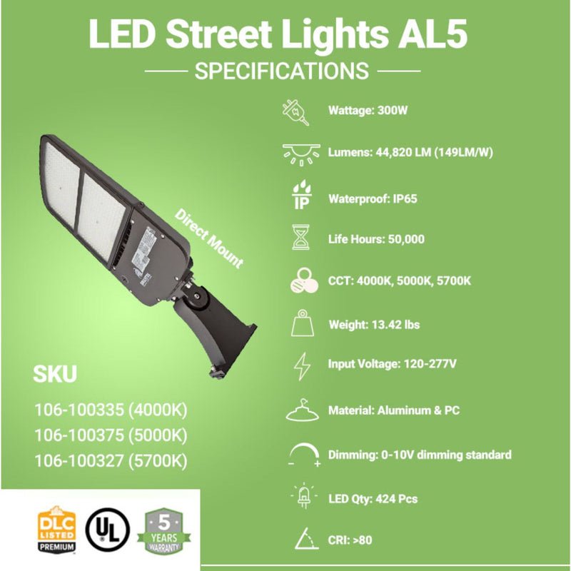 LED Street Light - 300W - 44,820 Lumens - Shorting Cap - Direct Mount - AL5 Series - UL+DLC 5.1