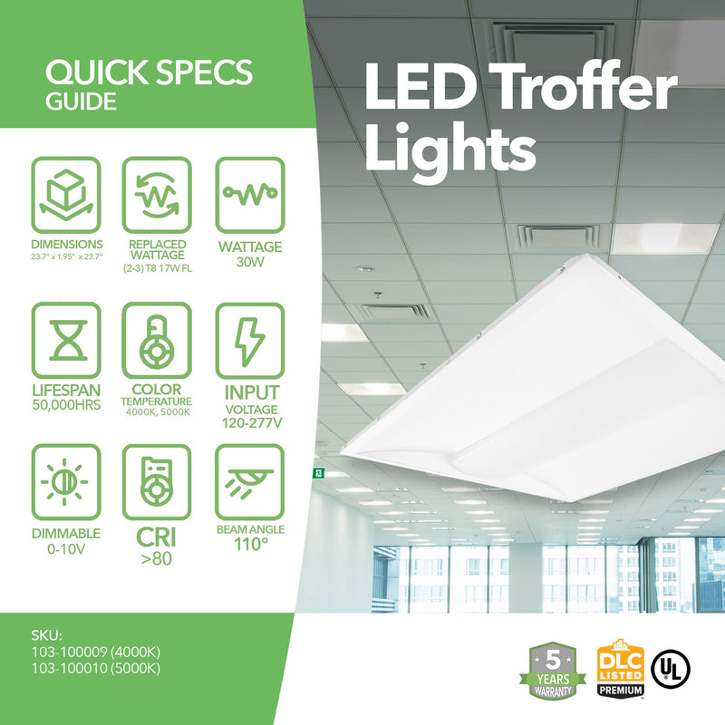 LED Troffer Light - 2' X 2' - 30W - 2 Pack - Dimmable - (UL + DLC 5.1)